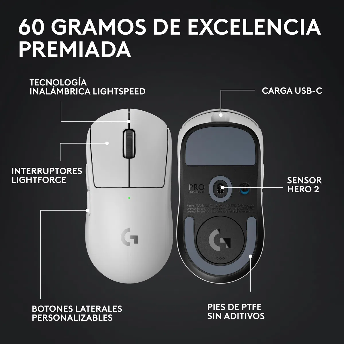 Logitech G PRO X SUPERLIGHT 2, Ratón inalámbrico para gamingratón Pro-Grade de 60 g con 5 botones programables,Europa del Este Envases,44 000 DPI,velocidad de respuesta de 8 kHz,USB-C, PC/Mac - Blanco