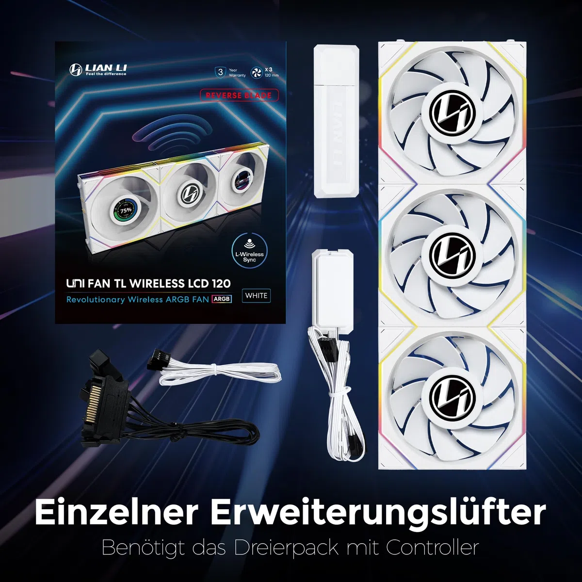 Lian Li UNI FAN TL Wireless LCD PC Ventilador 120 mm RGB – 3 ventiladores Reverse Blade Gaming PC Blanco | PWM – 26 LED ARGB – 1.900 rpm – Sistema de acople – Alto flujo