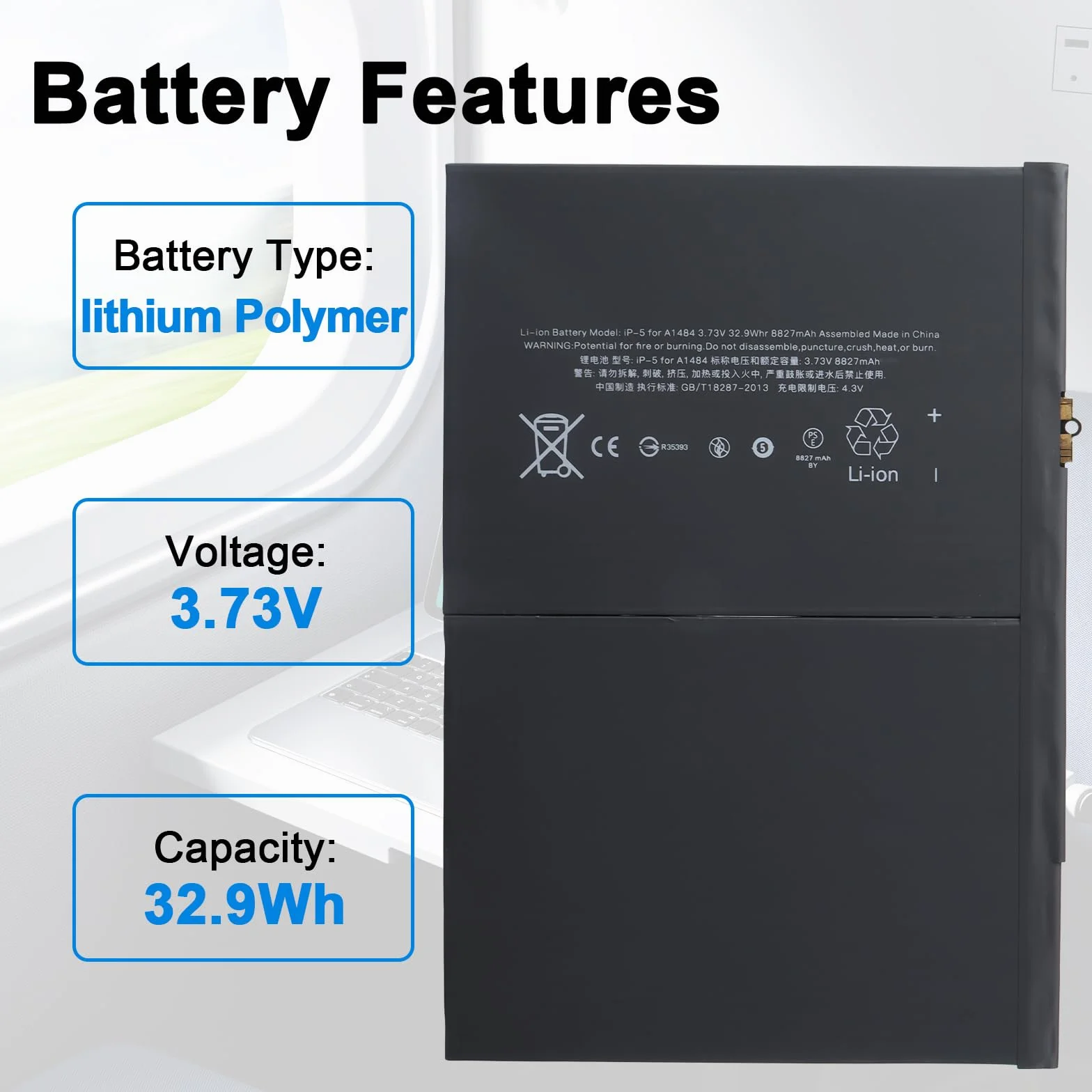 Batería A1484 para iPad 5, 6, 7, A1822, A1823, A1893, A1954, A2197, A2200, A2198, A2199 Air, A1474, A1475, A1476, MRJN2LL/A, MD785LL/A, MD786LL/A, MD787LL/A, MF539LL/A, MF534LL/A, MF532LL/A, MR7G2LL/A