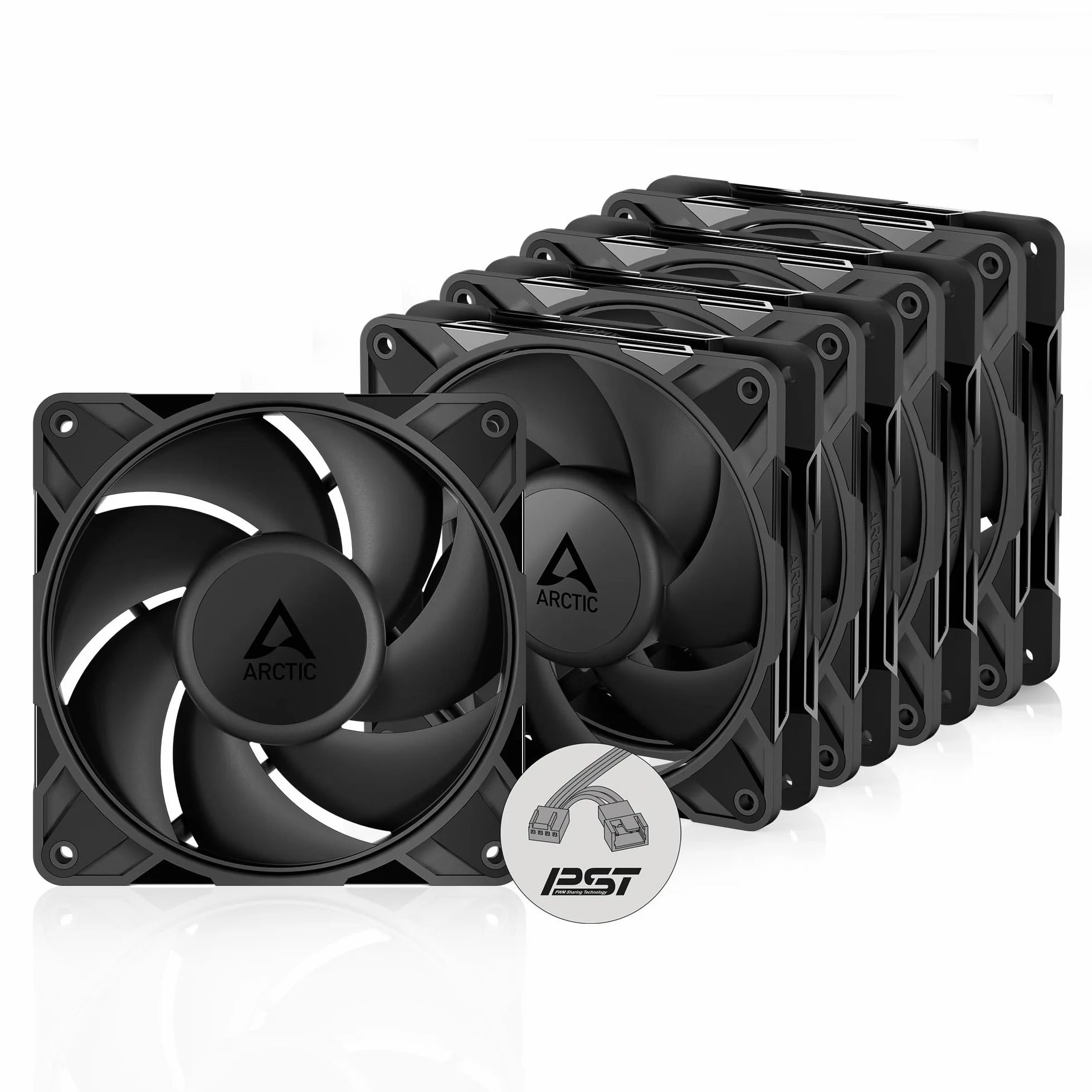 ARCTIC P12 Pro PST (5 Piezas) - Potente Ventilador de Caja PC Premium, Case Fan PWM de 120 mm con Divisor de Cable en Y, 600–3000 rpm, 0 rpm <5% PWM, Rodamiento fluidodinámico, 4 Pines - Negro