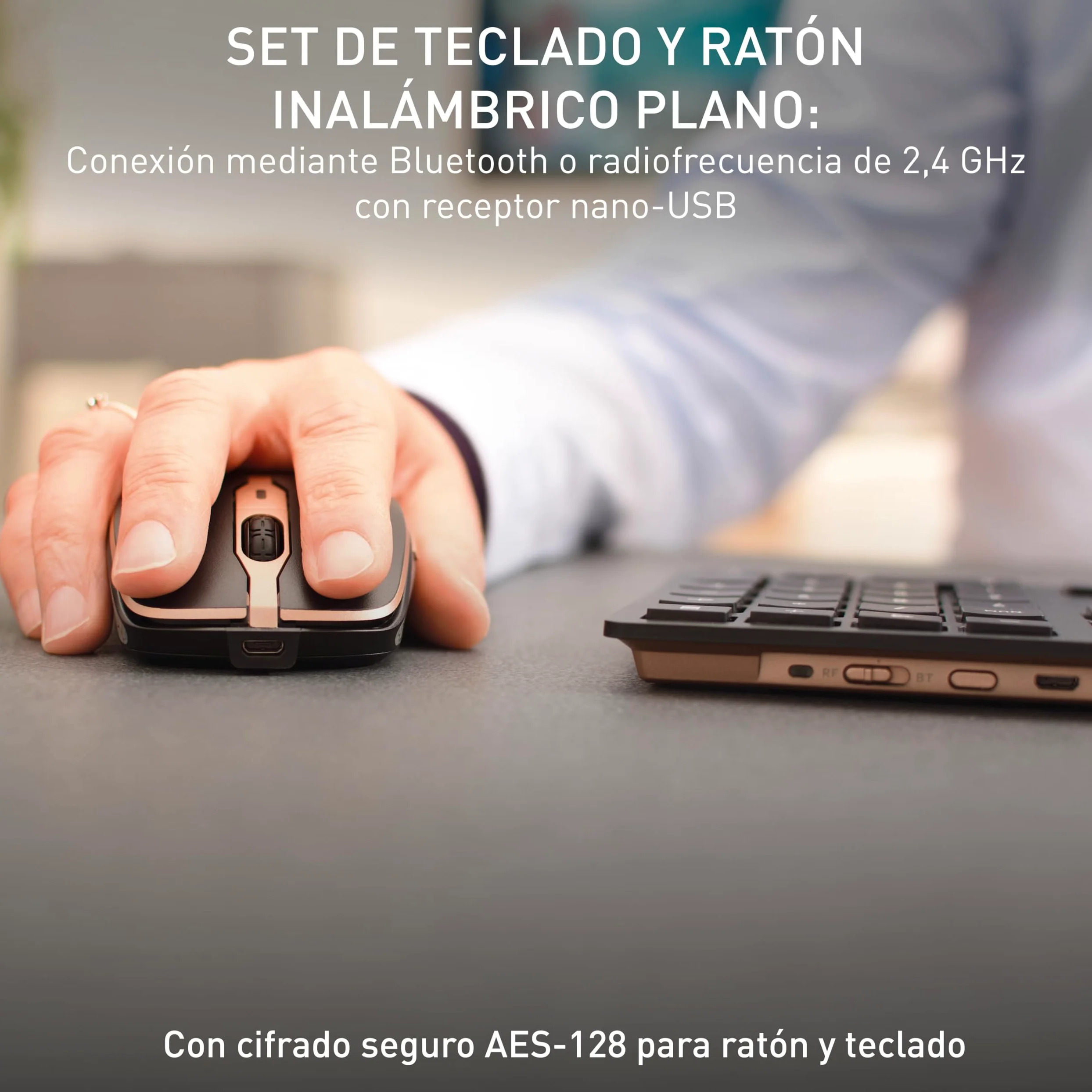 Cherry DW 9100 Slim, Pack de Teclado y Ratón Inalámbricos, Distribución de Teclado Español (QWERTY), Bluetooth y Radiofrecuencia de 2,4 GHz, Teclas Silenciosas, Recargable, Negro/Bronce