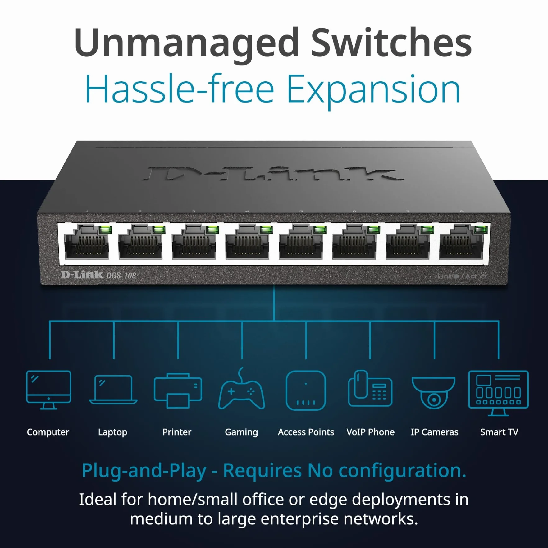 D-Link DGS-108 Conmutador Gigabit Layer2 de 8 puertos, hasta 1000 Mbps de transferencia de datos por puerto, arquitectura sin bloqueo, sin ventilador, carcasa metálica, negro