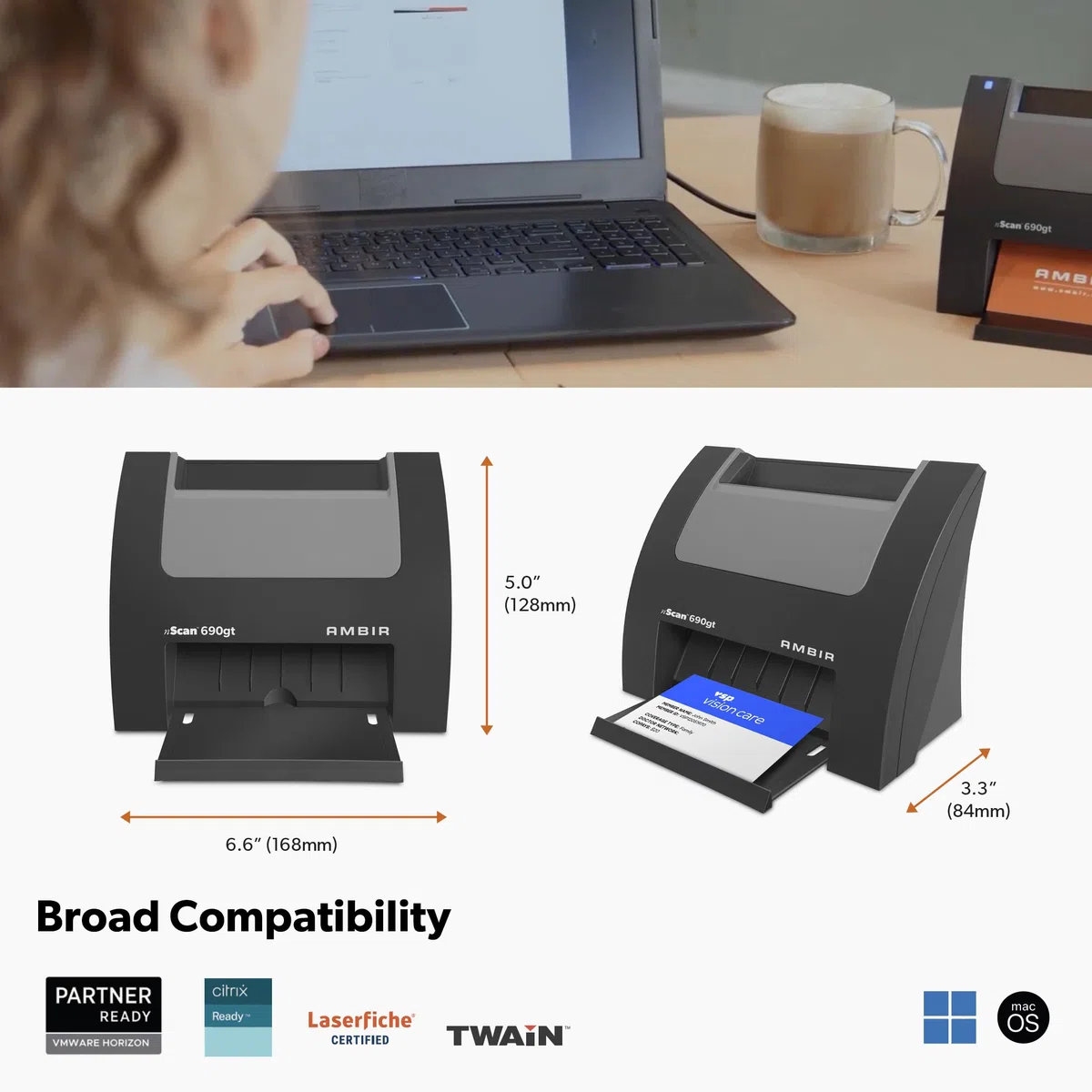 Ambir nScan - Escáner de Tarjetas Vertical de Alta Velocidad de 690 GT para PC con Windows