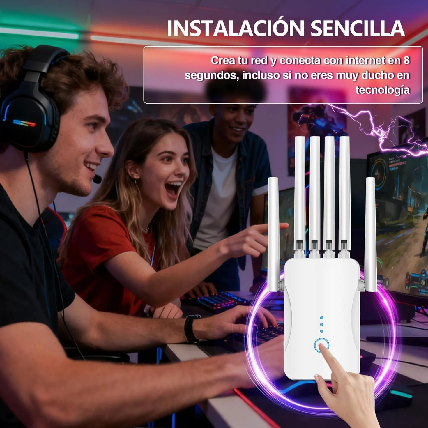 Repetidor WiFi Potente Amplificador señal WiFi, WiFi Extender Largo Alcance 6 Antenas, 1 Puertos LAN, Modos (Repetidor, Ap) Cobertura hasta 3000 pies².para Oficinas Y hogares,Fácil Instalación