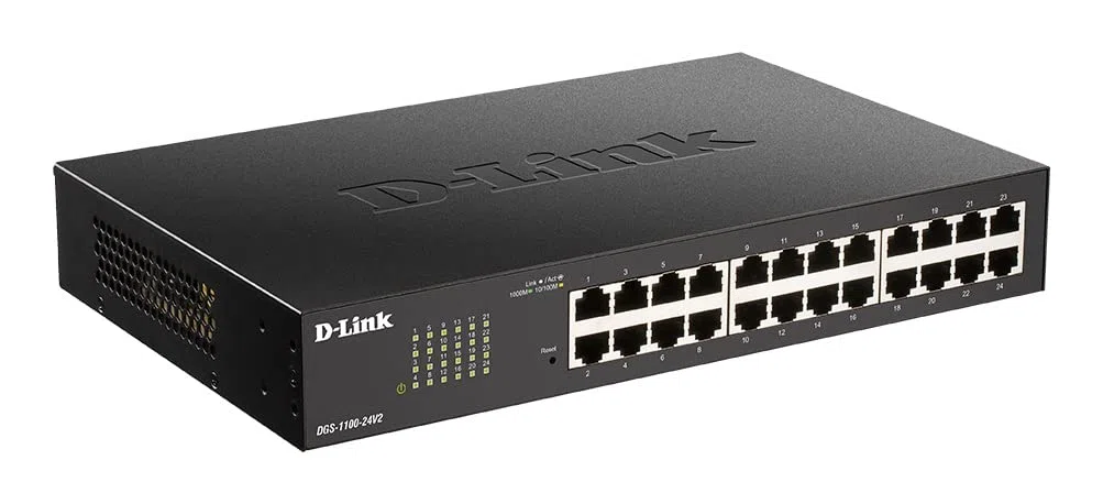 D-Link DGS-1100-24V2/E, Switch Smart 24 Puertos Gigabit, RJ-45, Gestión Web, Layer 2, VLAN, sobremesa, IGMP Snooping, VoIP VLAN, QoS, Seguridad Red, Montaje Rack - Cable de alimentación UE, Negro
