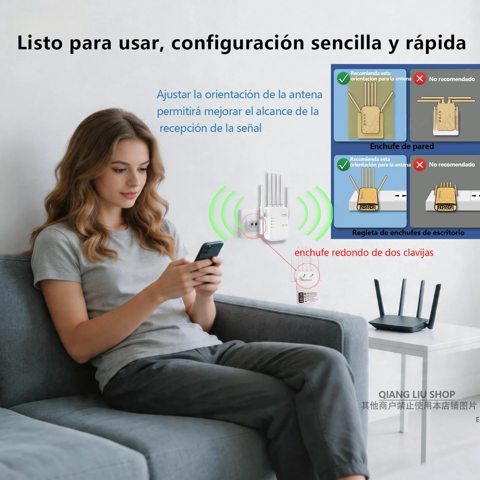 Repetidor de Doble Banda WiFi(5/2,4 GHz), con 6 Antenas y 2 Puertos Ethernet, Cobertura con Señal de Gran Penetración en Paredes, Hogar,Oficina