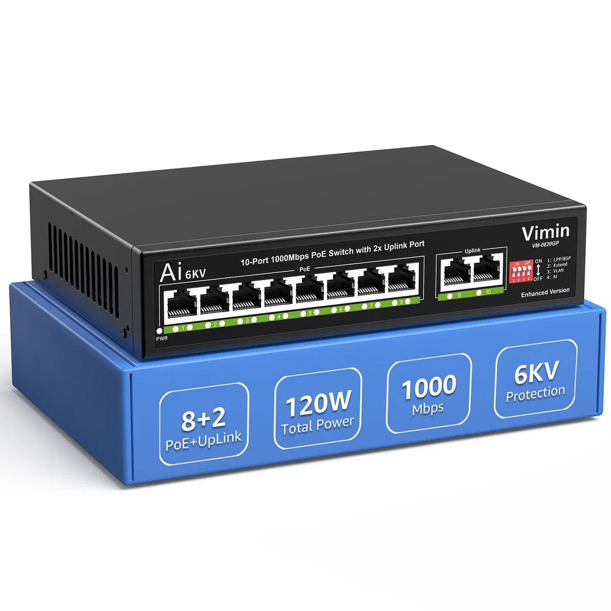 Switch Gigabit PoE de 10 Puertos con 8 Puertos PoE, VIMIN Switch de Red PoE de 8 Puertos no Gestionado 10/100/1000Mbps con 2 Puertos Uplink, AI Watchdog, VLAN, Extender 250m, Soporte IEEE802.3af/at
