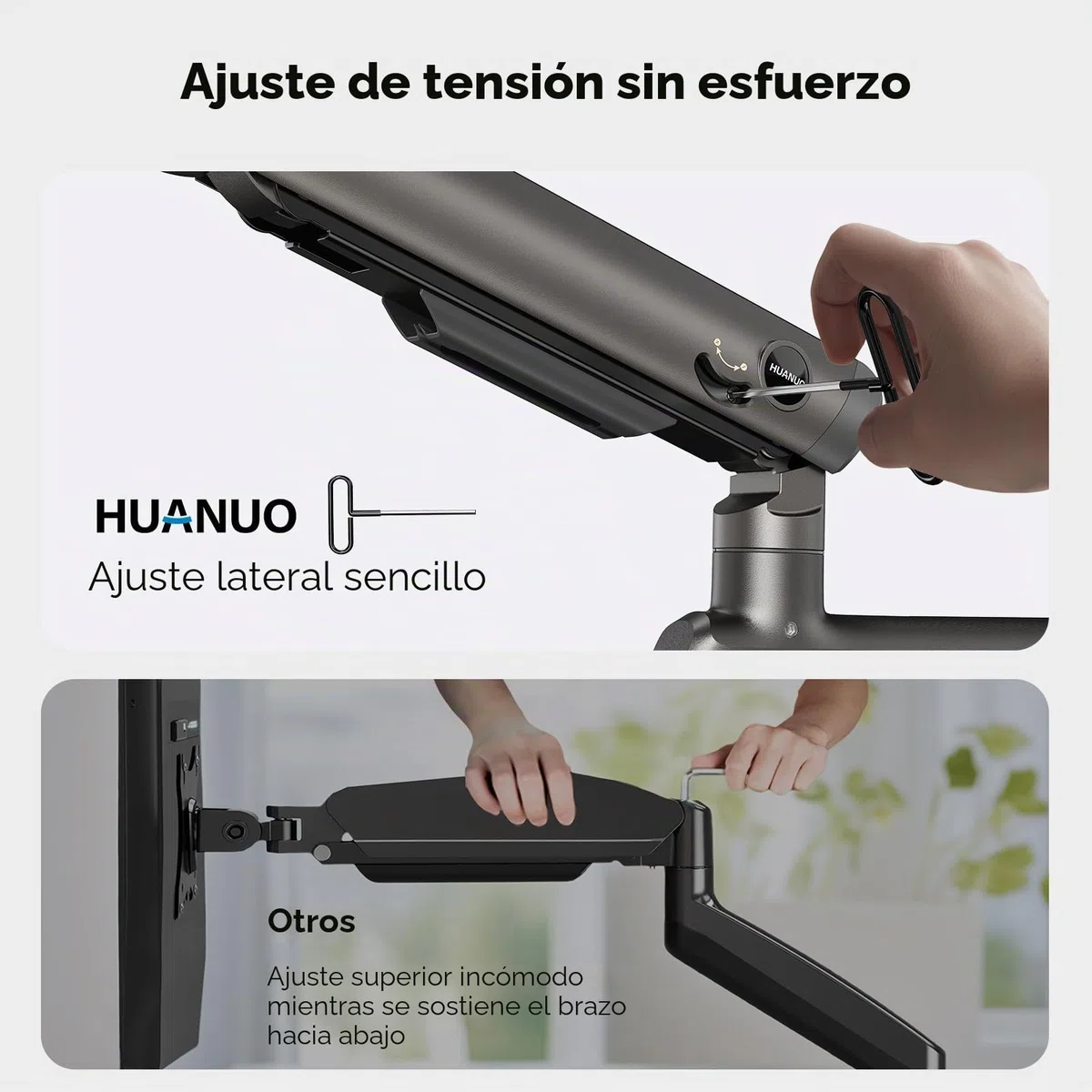 HUANUO Soporte para Dos Monitores para Pantal Ultraanch 13-49”, hasta 18kg, Brazo Monitor Doble Aluminio Resist y Extra Alto, Soporte Monitor Doble Apilado Vert y Total Ajustable, VESA Máx 100x100mm