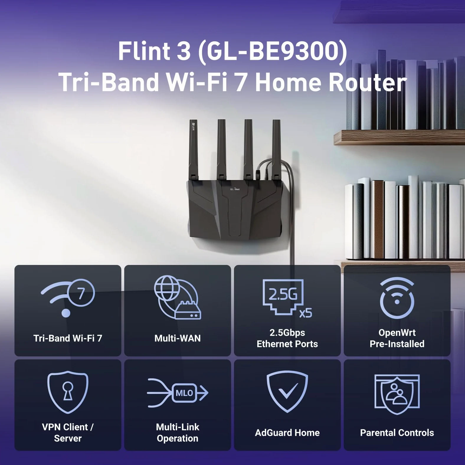 GL.iNet GL-BE9300(Flint 3) Tri-Band WiFi 7 Router, Router para Juegos de Alta Velocidad, Cobertura extensiva, 5 x 2.5G Multi-Gig Ports, Conectividad de Dispositivos masivos, tecnología MLO, Rapid