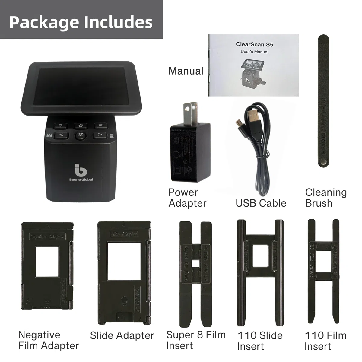BEONEGLOBAL ClearScan S5 Escáner de película de alta resolución y escáner de diapositivas con pantalla LCD de 5 pulgadas, convierte 135, 126, 110 negativos Super8 y se desliza a fotos digitales JPEG