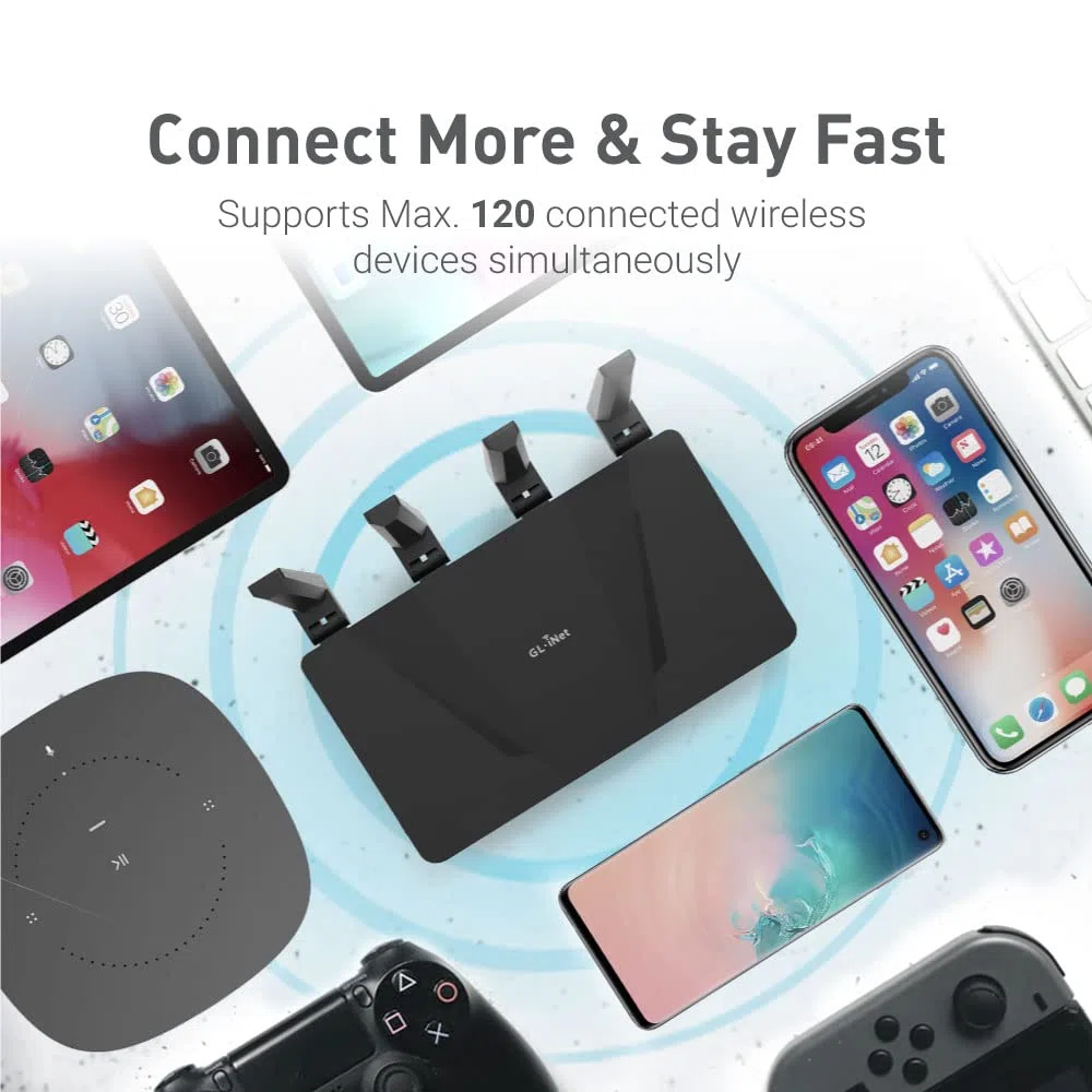 GL.iNet GL-AX1800(Flint) WiFi 6 Router - Dual Band Gigabit Wireless Internet Router | 5 Puertos Ethernet 1G | Up to 120 Dispositivos | Amazing OpenVpn&Wireguard Speed | WPA3 Security | MU-MIMO |