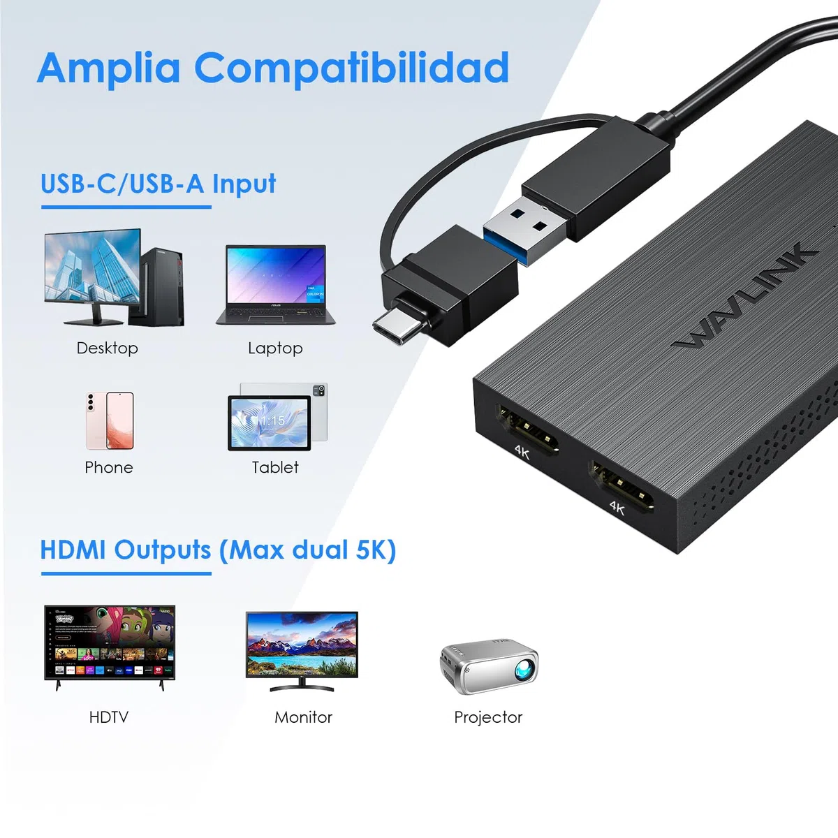 WAVLINK Adaptador USB 3.1/USB C a HDMI Dual, DisplayLink Dual 4K@60Hz Hub