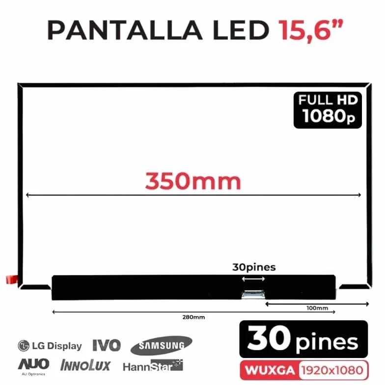 Pantalla LED Mate 15.6" Screen Recambio Compatible con N156HCA-EAB Rev.C4 Repuesto Laptop Display Conector 30 Pin 350MM EDP Resolución Full HD 1920x1080 Pieza Portátil Pulgadas