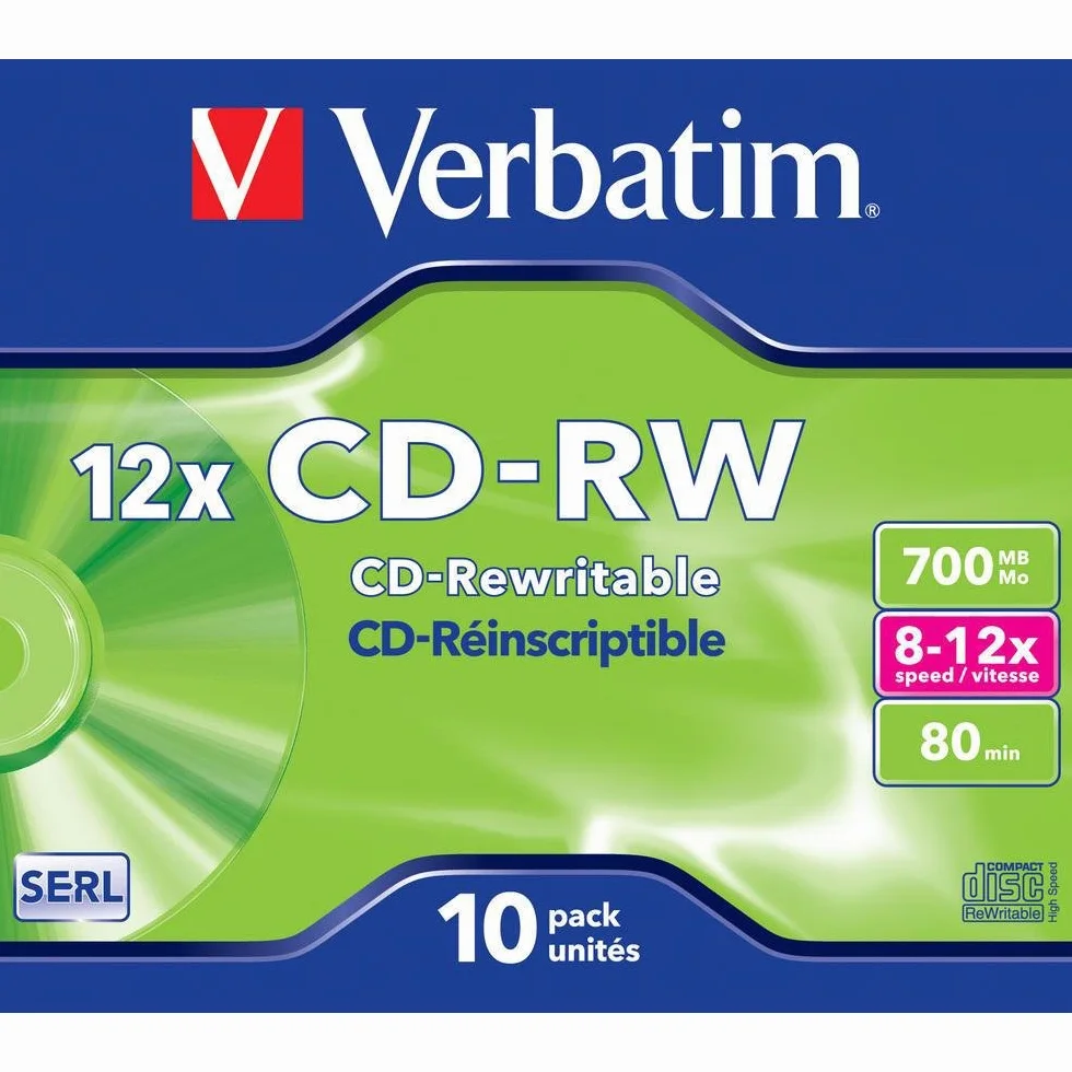 Verbatim CD-RW 700MB, Pack de 10 Unidades, Plata (43148)