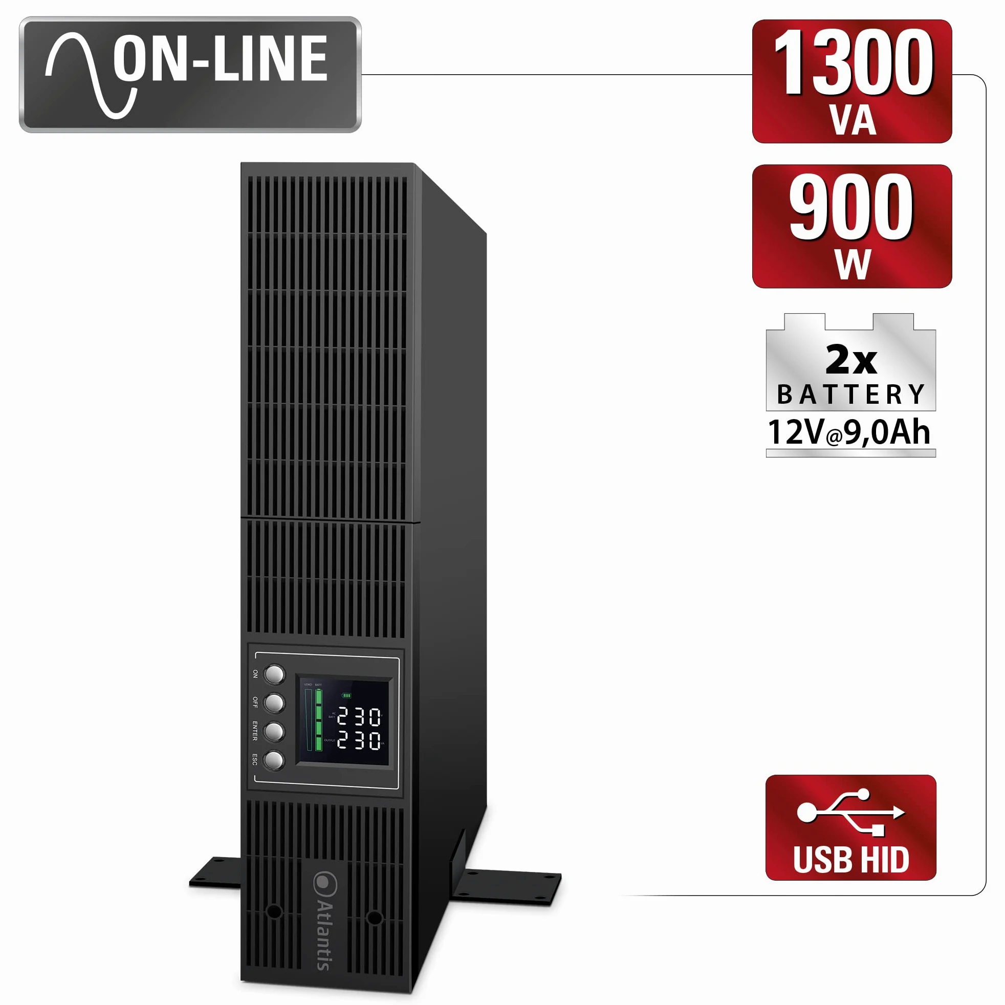 Atlantis A03-OP1302-RC UPS Online Doble conversión de Onda sinusoidal Pura 1300VA 900W, Servidor Rack, Pantalla LCD, USB, Serie RS-232, 8 Salidas IEC, Ranura SNMP, 2x12V-9Ah
