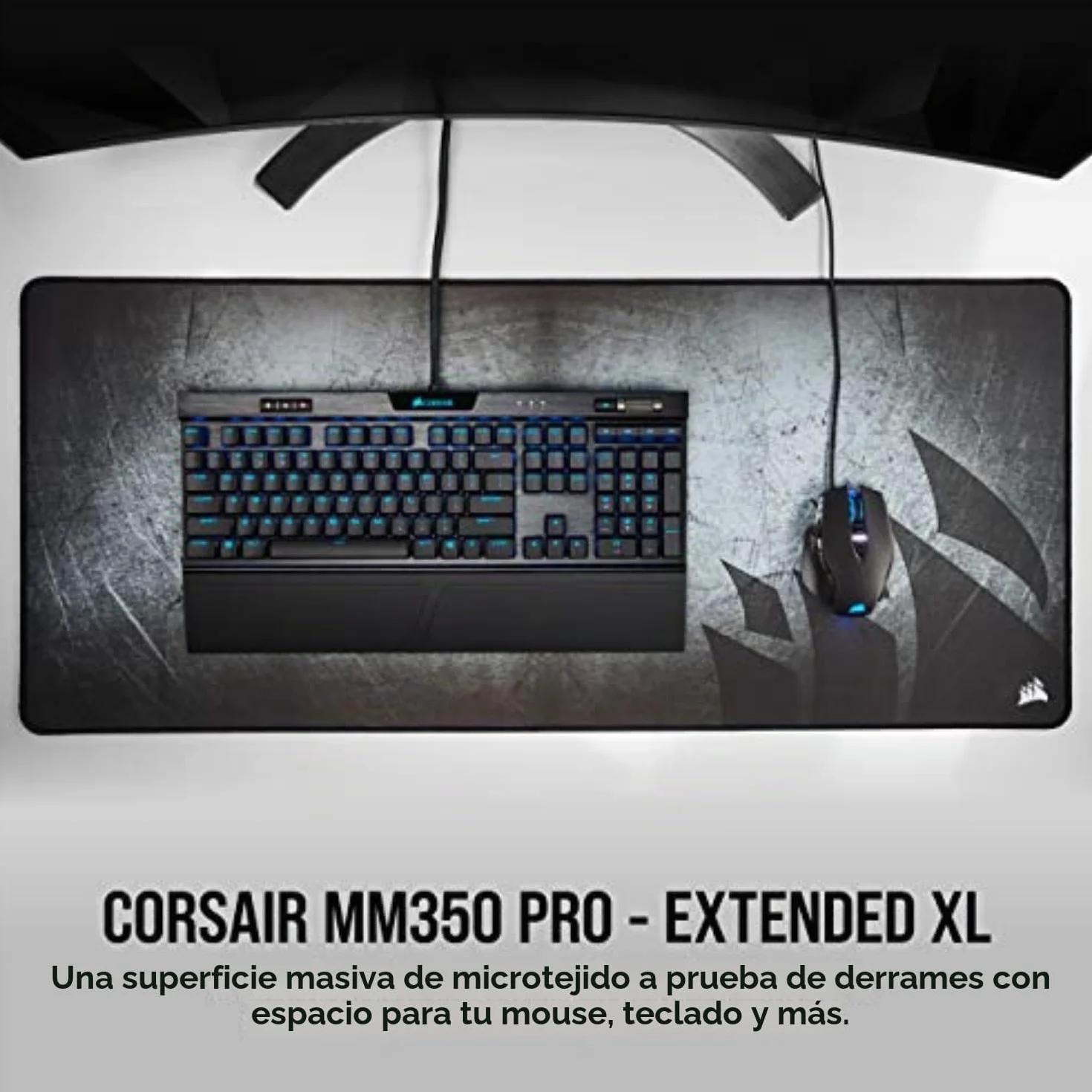 Corsair MM350 PRO Alfombrilla Tela a Prueba de Derrames para Juegos, Superficie 93 cm x 40 cm, Microtejido, Goma Afelpada gruesa 4 mm, Base Goma Texturizada Antideslizante, Negro/Gris, Extendido XL