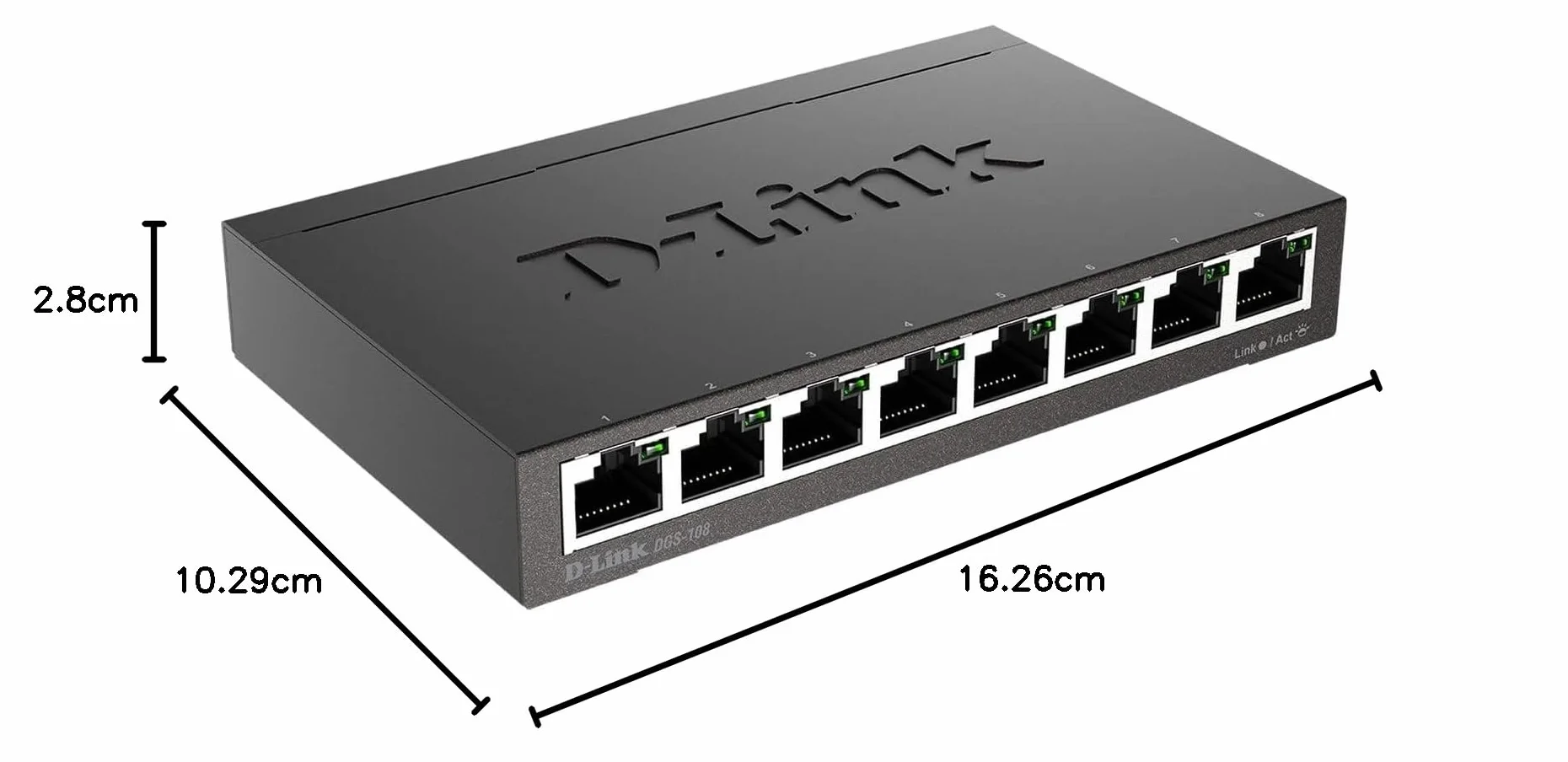 D-Link DGS-108 Conmutador Gigabit Layer2 de 8 puertos, hasta 1000 Mbps de transferencia de datos por puerto, arquitectura sin bloqueo, sin ventilador, carcasa metálica, negro