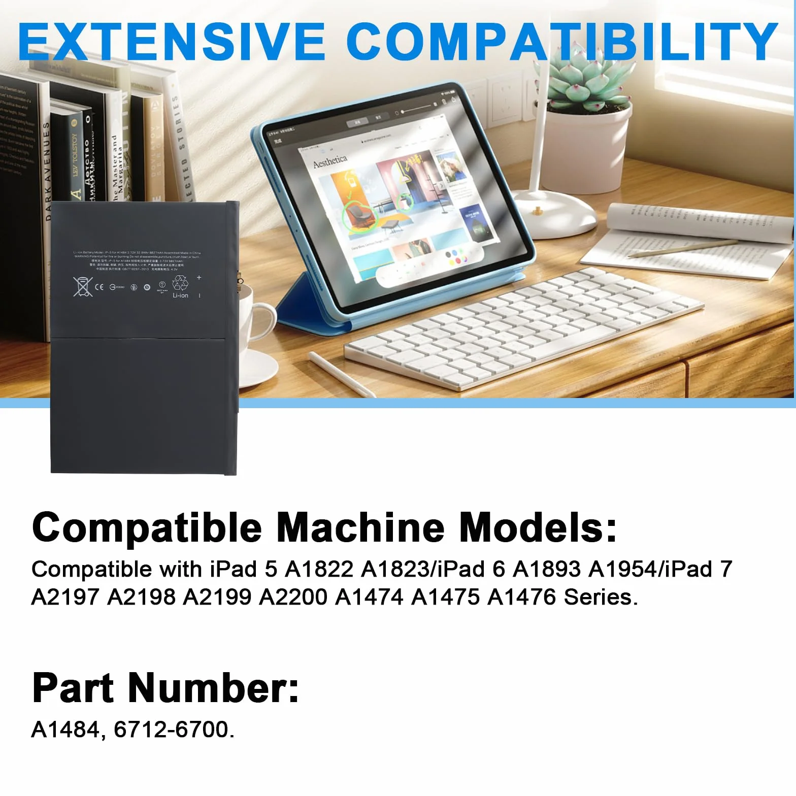 Batería A1484 para iPad 5, 6, 7, A1822, A1823, A1893, A1954, A2197, A2200, A2198, A2199 Air, A1474, A1475, A1476, MRJN2LL/A, MD785LL/A, MD786LL/A, MD787LL/A, MF539LL/A, MF534LL/A, MF532LL/A, MR7G2LL/A