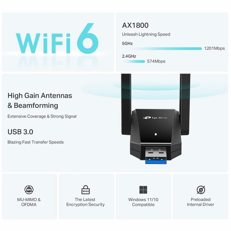 TP-Link Archer TX30U Plus WiFi 6 WiFi USB 3.0 AX1800Mbps, 2 Antenas de Alta Ganancia multidireccional, inalámbrica Dual Band 5GHz 1201Mbps + 2.4GHz 574Mbps, Compatible con Windows 11/10, MU-MIMO
