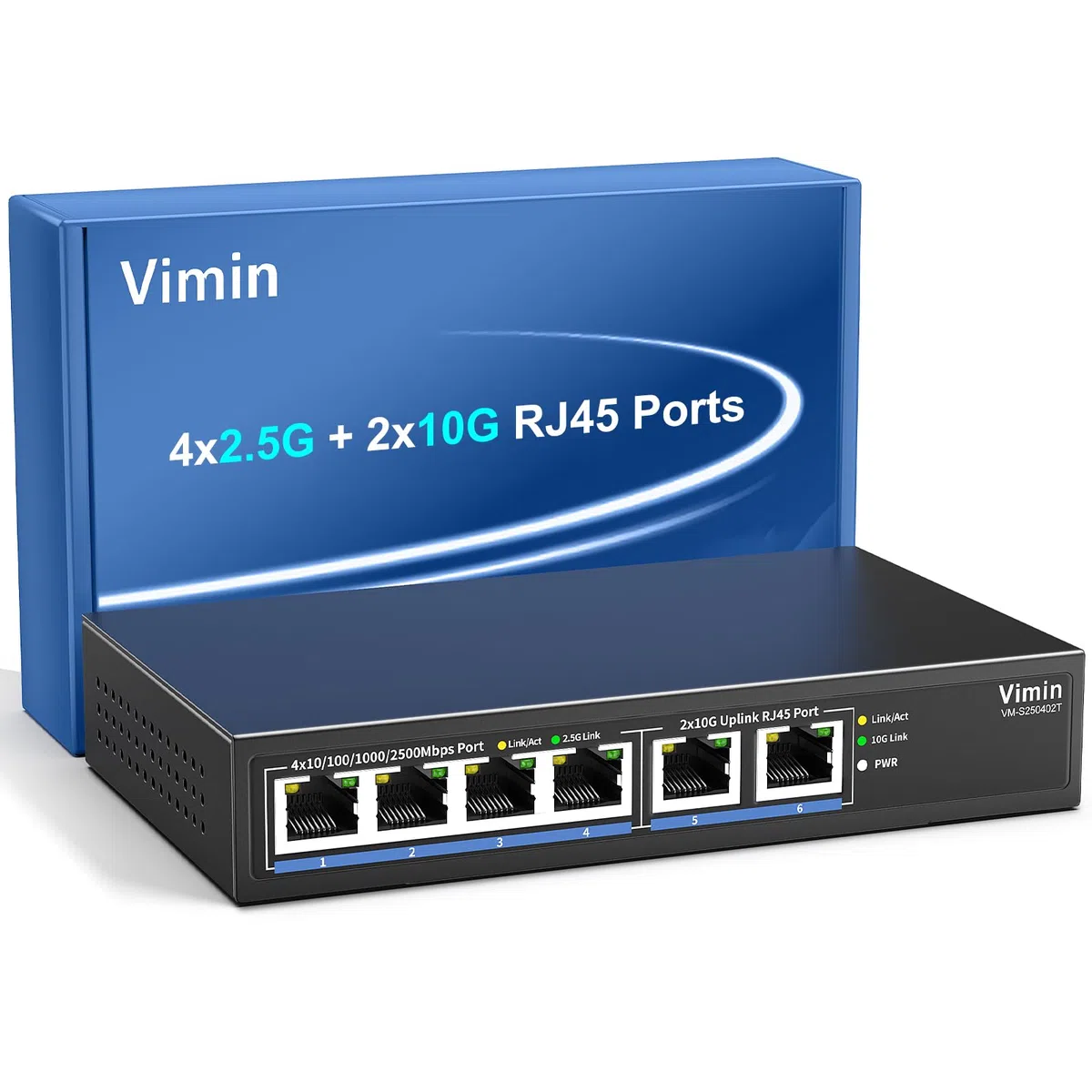 Conmutador Ethernet de 6 Puertos 10G/2.5G con Doble 10GBASE-T, Vimin 4X 2.5G + 2 Puertos RJ45 de 10 GB, Capacidad de 60 Gbps, Interruptor de Red multiGigabit de Escritorio/Montaje en Pared para NAS