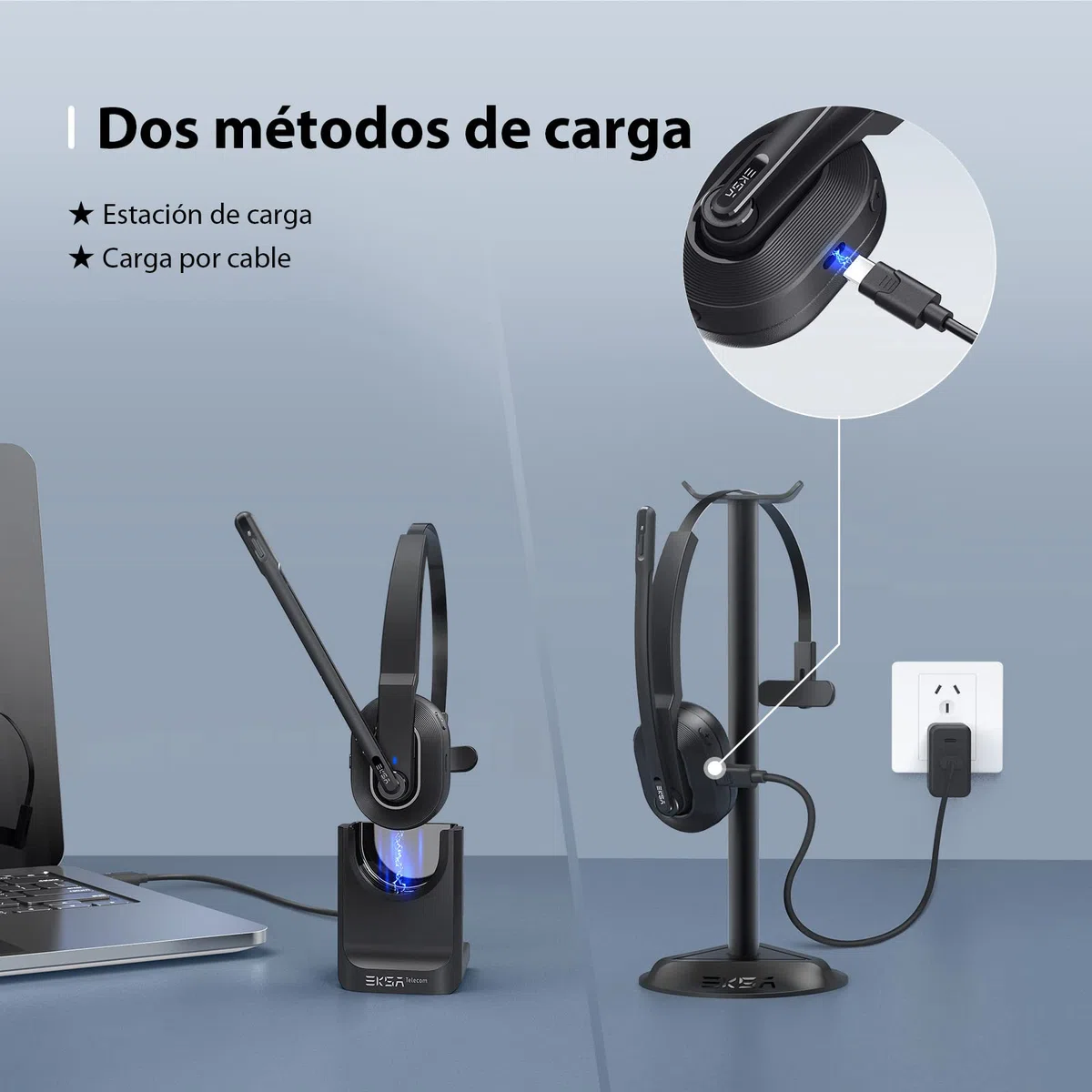 EKSA H5 Auriculares BT con Micrófono y USB Dongle 45 Tiempo de Reproducción Auriculares Inalambricos PC, Cascos con AI Micrófono Cancelación Comerciales para Oficina/Hogar