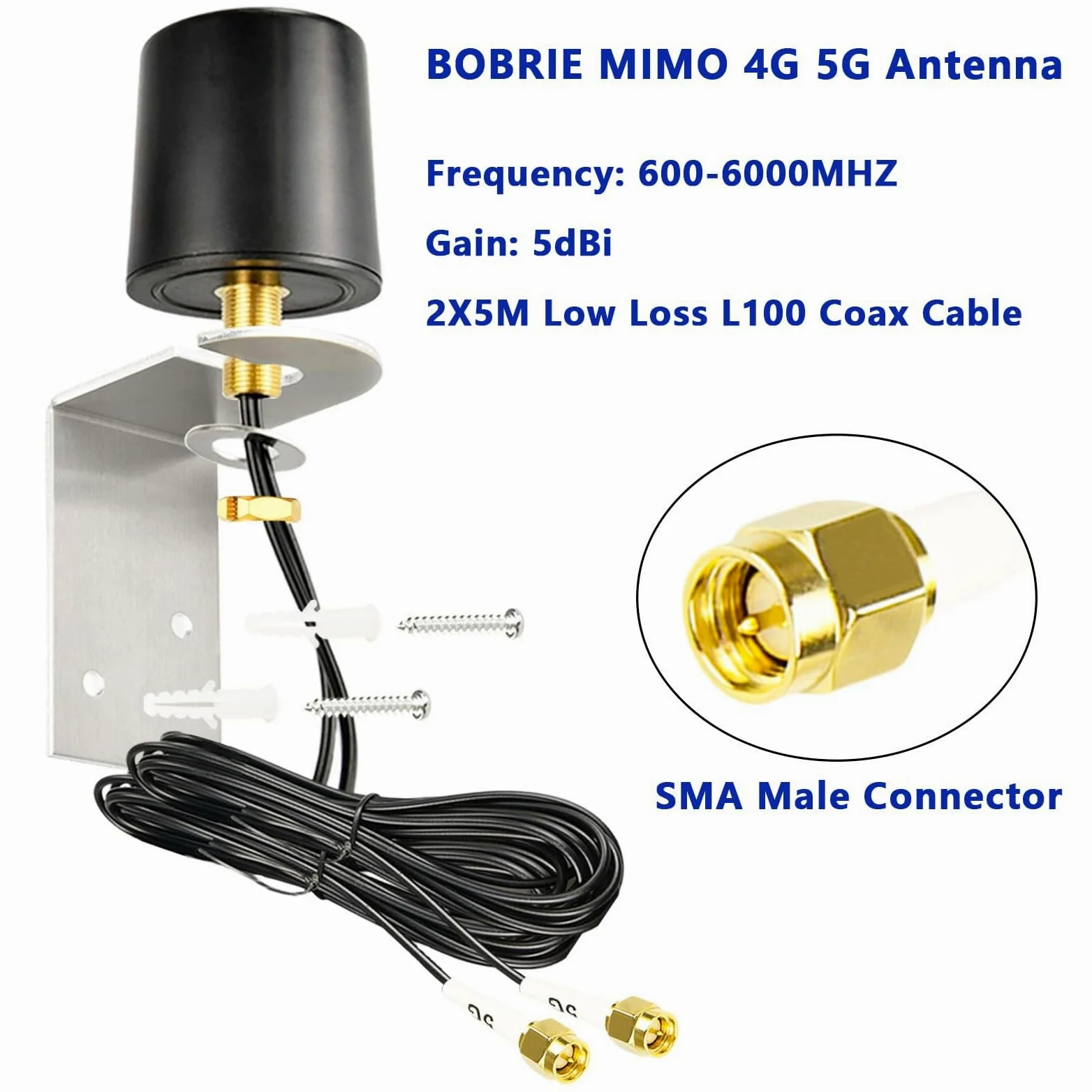 Antena exterior 4G 5G LTE de 600 – 6000 MHz MIMO 5G LTE antena externa omnidireccional 5 dBi con conector SMA dual de 5 m de baja pérdida BMR100 cable coaxial para enrutadores 4G/5G, WiFi, IoT