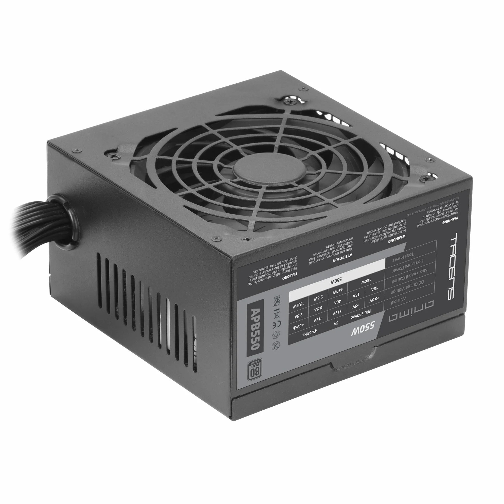 Tacens Anima APB550, Fuente Alimentación PC ATX 550W, 80Plus Bronze 85%, Tecnologías SMD y DC-DC, Ventilador Ultra-silencioso 12cm, Condensadores Japoneses 105º, Cables Premium Texturizado, Negro