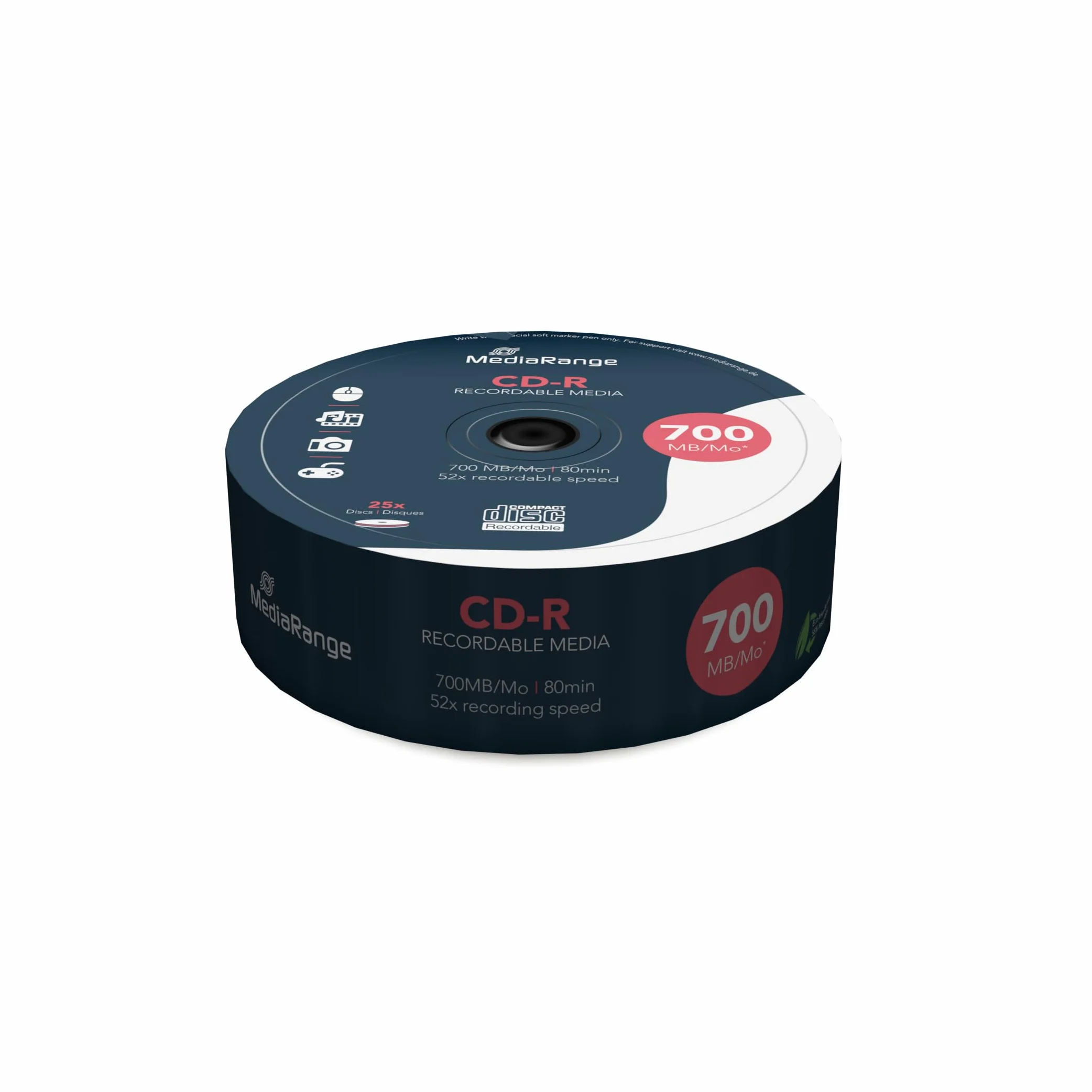 MediaRange MR201 CD-R 700MB 25pieza(s) CD en Blanco - CD-RW vírgenes (CD-R, 700 MB, 25 Pieza(s), 80 mm, 80 min, Plata)