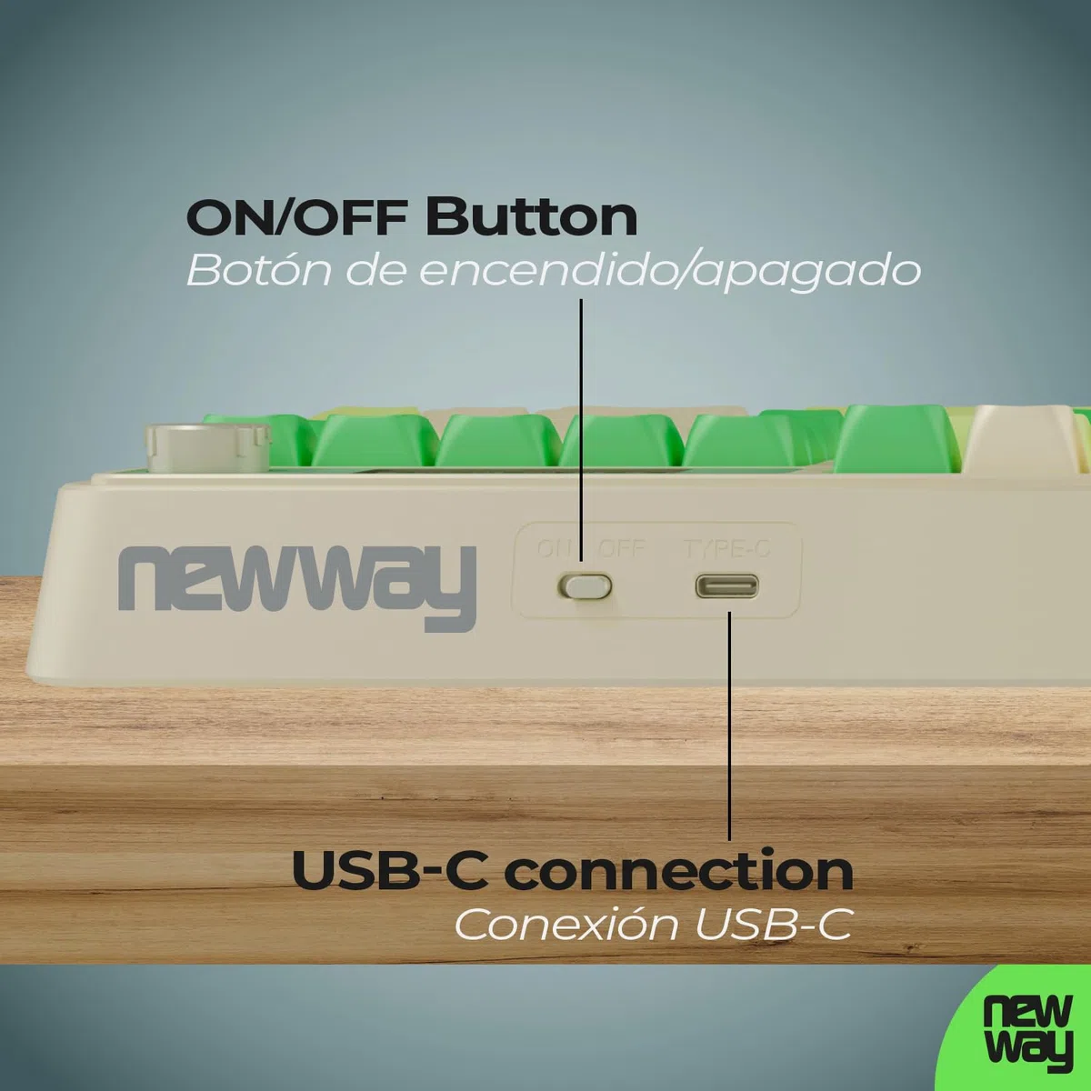NEWWAY NK251 – Teclado inalámbrico Recargable Pantalla LCD Rueda Multifunción - QWERTY español – Triple Modo (WiFi 2.4 GHz, BT, USB-C) – RGB – Receptor USB Integrado en la Parte Trasera