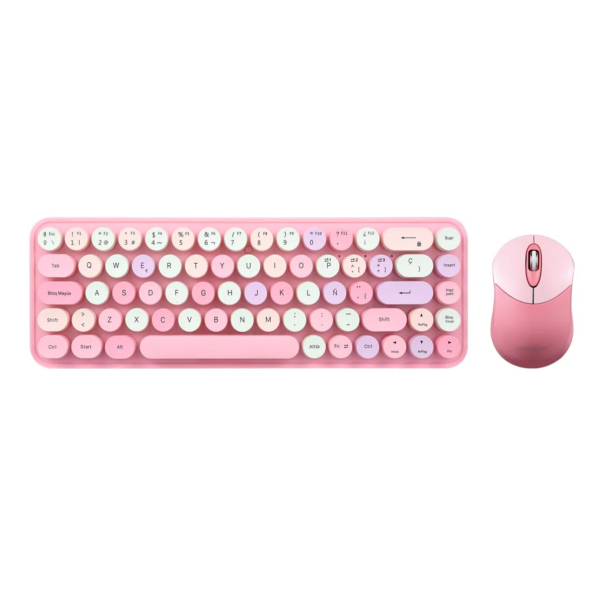 Perixx PERIDUO-802PK ES Set de Ratón y Teclado Inalámbrico Bluetooth Mini - Estilo Retro con Teclas Redondas - Rosa Pastel - Español QWERTY