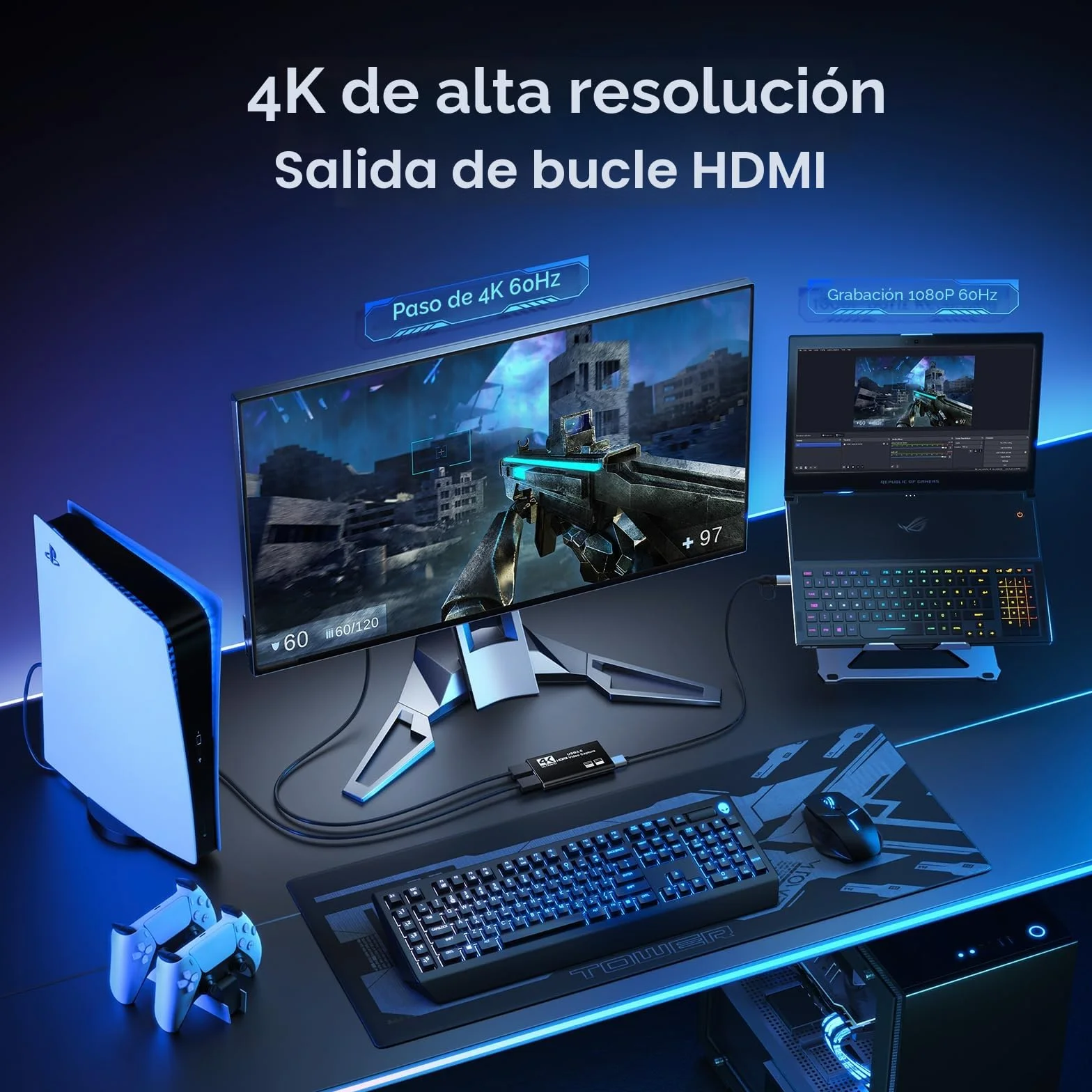 XIIXMASK capturadora de Video, capturadora Audio y Video, Tarjeta de Captura USB 3.0 4K HDMI Loop-out, 1080P 60FPS/2K 30FPS Captura de Videojuegos para PS5/Switch/cámara/PC/OBS（Negro）