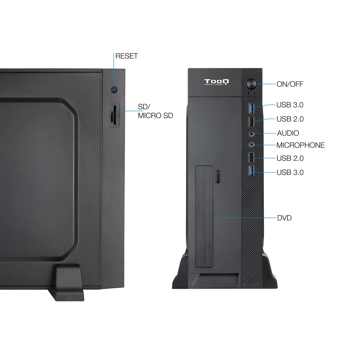 TOOQ TQC-3008U3C - Caja Slim Micro-ATX/Mini-ITX, Lector de Tarjetas SD/TF, Incluye Fuente de Alimentación Micro-ATX/SFX 500W, Color Negro