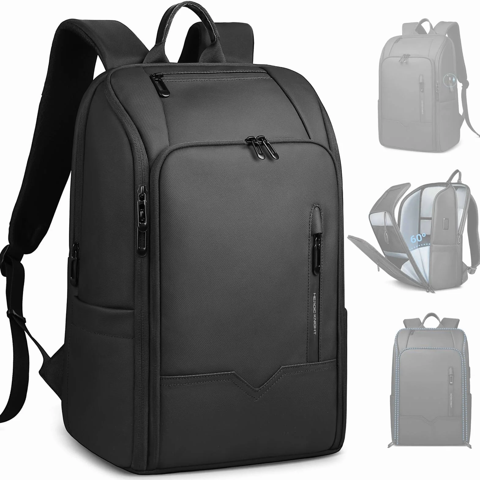 Mochila para Hombre Unisex para Laptop de 15,6 pulgadas Equipaje de Mano Ordenador Portátil Impermeable para Negocios, Viaje, Universidad con Puerto USB-Negro