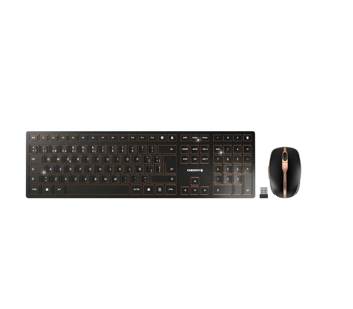 Cherry DW 9100 Slim, Pack de Teclado y Ratón Inalámbricos, Distribución de Teclado Español (QWERTY), Bluetooth y Radiofrecuencia de 2,4 GHz, Teclas Silenciosas, Recargable, Negro/Bronce