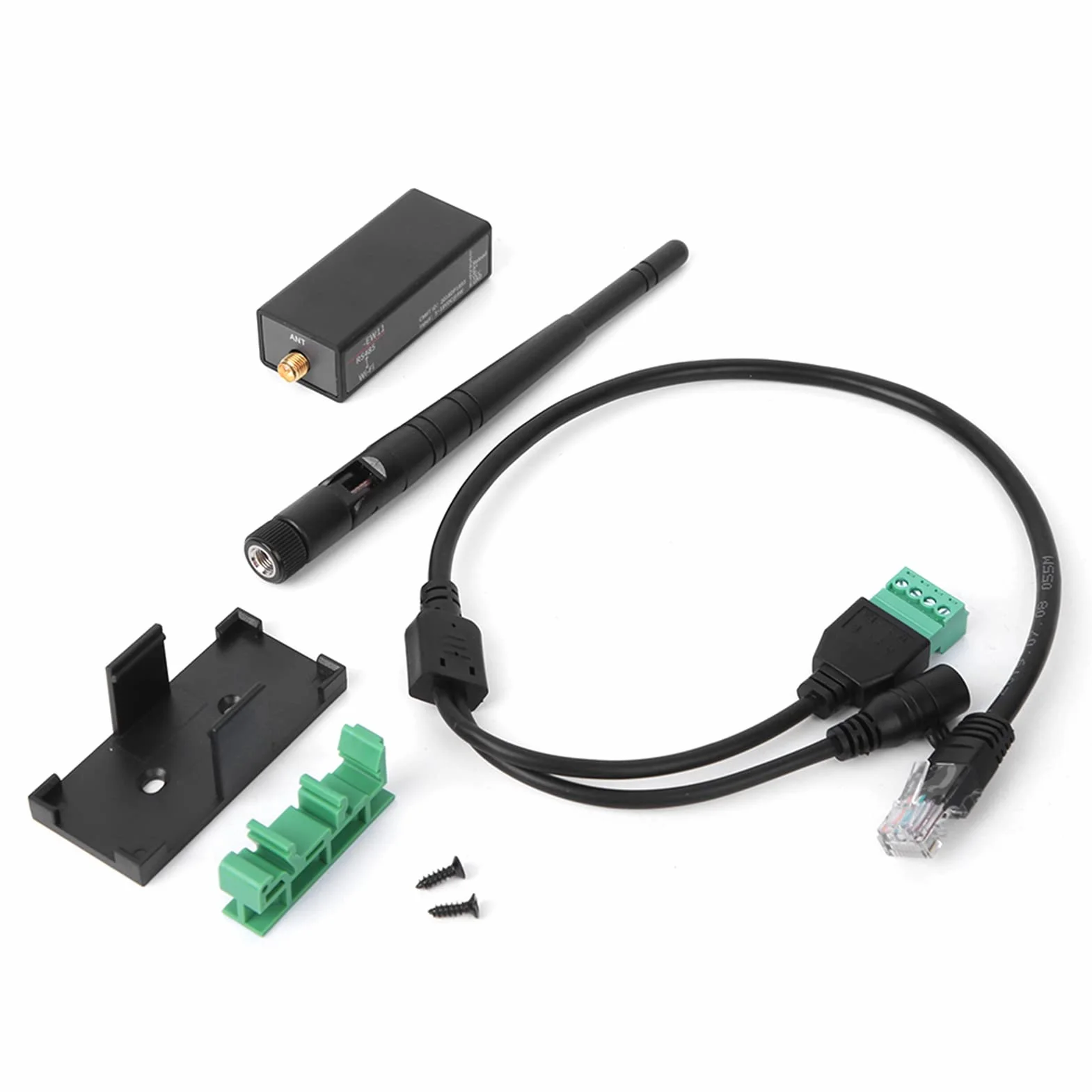 Convertidor WiFi Servidor Serie con Interfaz RJ45 Antena Externa Soporte Modbus TCP Módulo Comunicación Inalámbrica Montaje en Pared para Automatización Industrial y Control Remoto