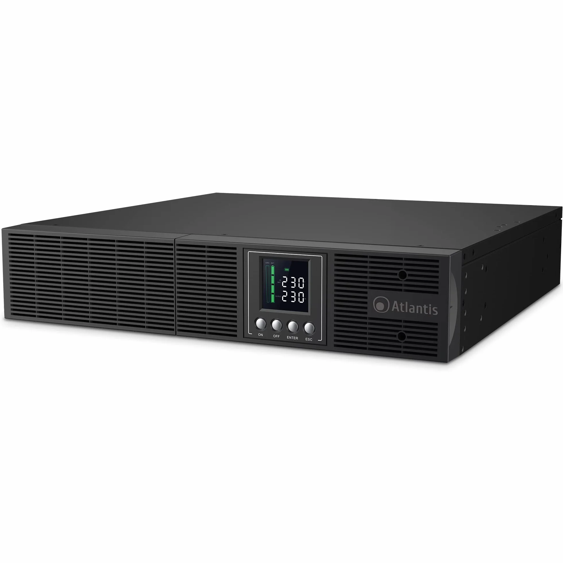 Atlantis A03-OP1302-RC UPS Online Doble conversión de Onda sinusoidal Pura 1300VA 900W, Servidor Rack, Pantalla LCD, USB, Serie RS-232, 8 Salidas IEC, Ranura SNMP, 2x12V-9Ah
