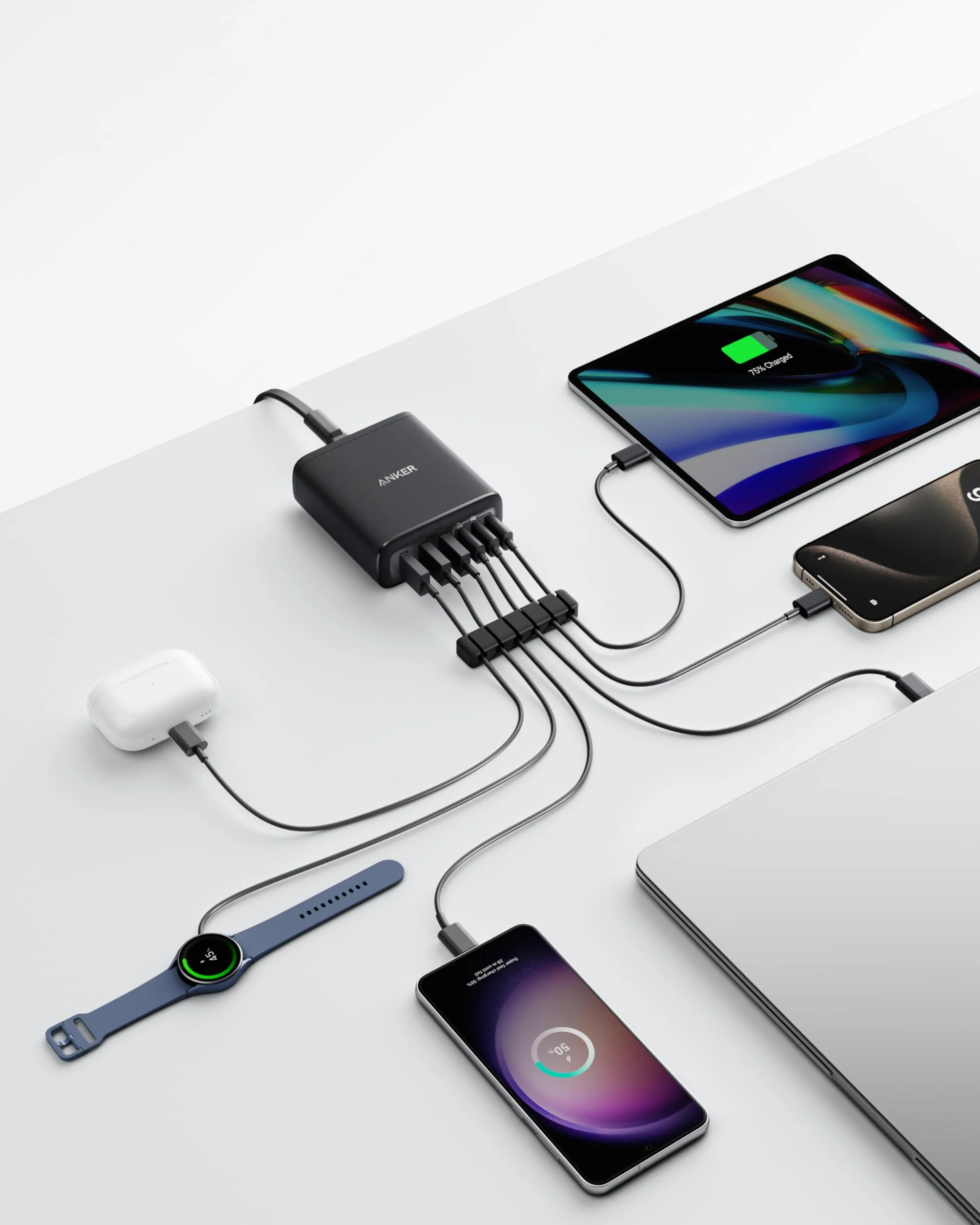 Anker Cargador USB-C, Estación de Carga de 6 Puertos con Salida de 112 W, para iPhone 16/16 Plus/16 Pro/16 Pro Max/15/14/13 Series, MacBook Air, Pixel, Galaxy, iPad y Más (Cable no Incluido)