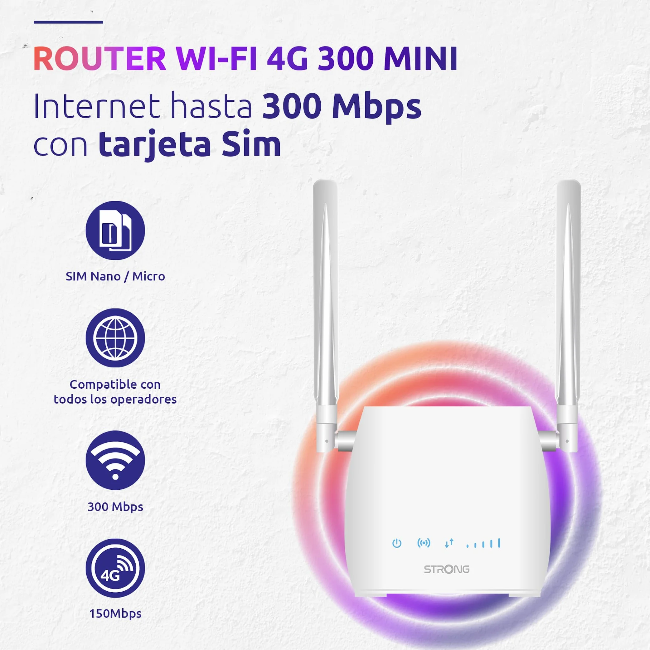 STRONG Router WiFi 4G LTE 300M 150 Mbps 300 Mbps Puerto RJ45 Antenas Desmontables Blanco
