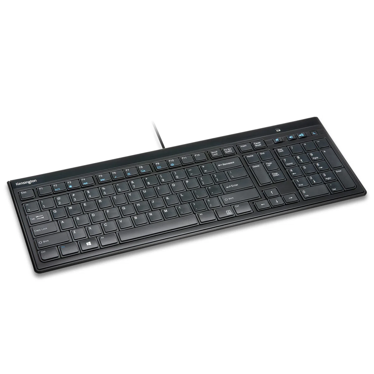 Kensington K72357ES - Teclado Fino y Silencioso con Cable de Tamaño Normal Advance Fit, con Teclas Multimedia para Control del Volumen y Funcionamiento Plug & Play, Fino, Negro