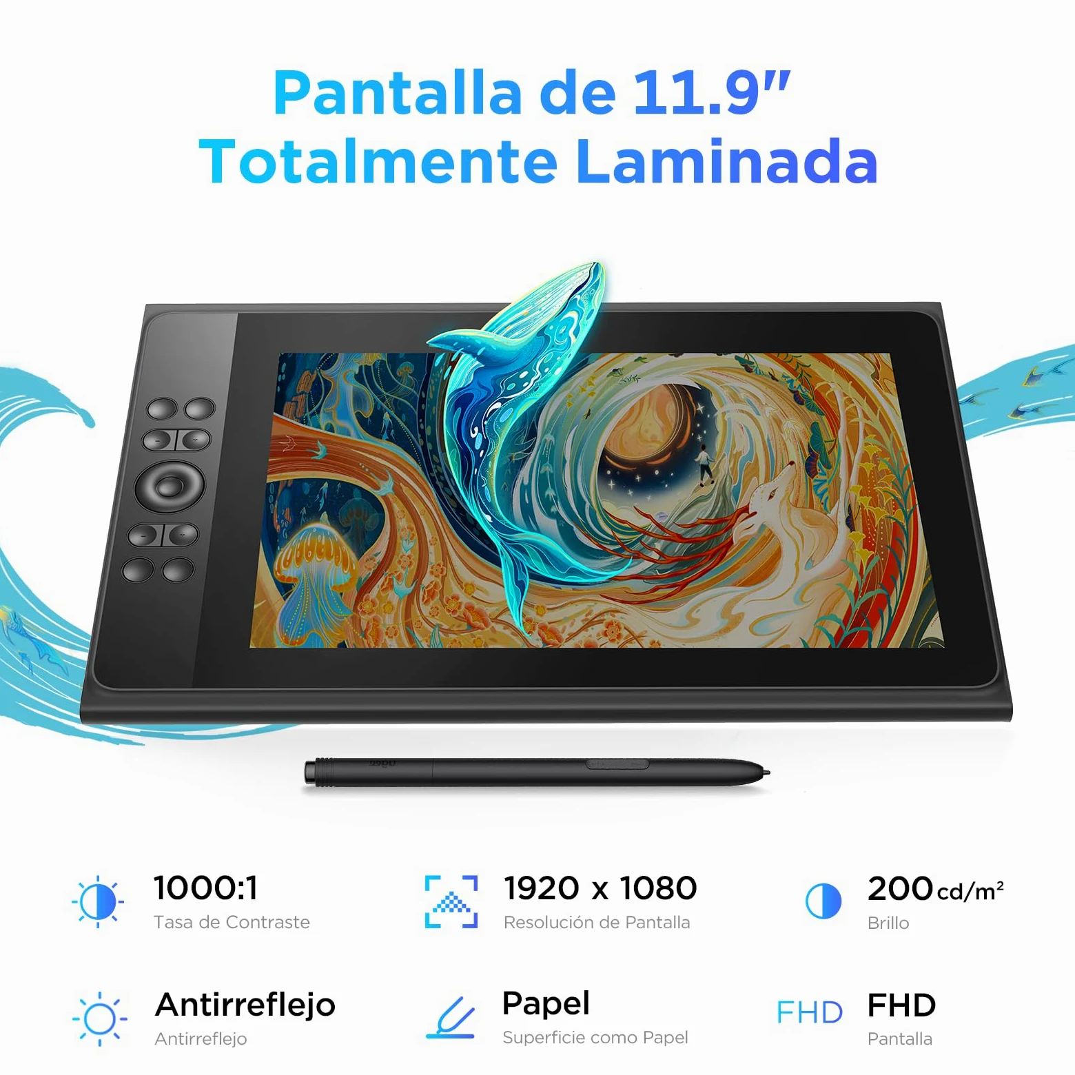 UGEE 147% sRGB Tableta Gráfica con Pantalla UE12P, 11,9 Pulgadas Antideslumbrante Monitor de Dibujo, Tableta Gráfica Lápiz sin Batería para Teléfono Android/Windows/Mac OS/Chrome OS