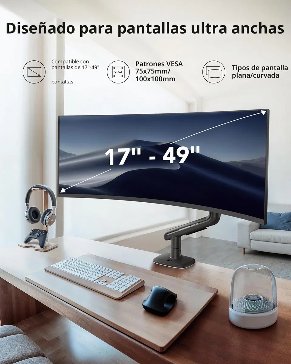 Brazo Monitor HUANUO para Pant Ultraan a 49 Pulgadas, Soporta a 18kg, Soporte Escritorio Aluminio para Pant Ultraan, Soporte Monitor Único Ajustable con Abrazadera-C, Base Grommet, VESA Máx 100x100mm