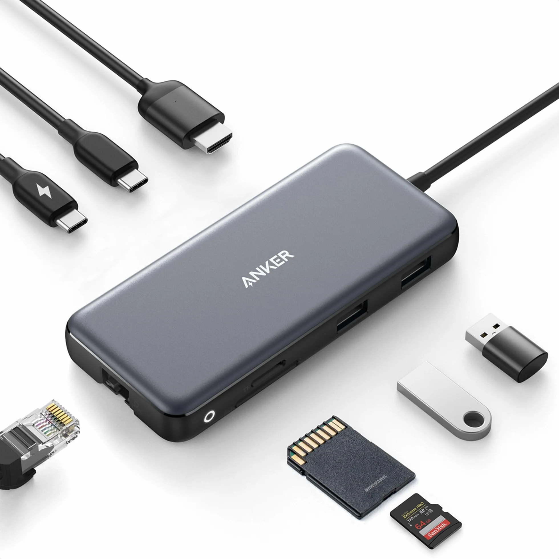 Anker 555 USB-C Hub (8 en 1) PowerExpand Adapter, 100W Power Delivery, 4K 60Hz HDMI, 10Gbps USB-C & 2 Puertos USB-A,Puerto Ethernet, Lector de Tarjetas Memoria microSD&SD, para MacBook Pro y más