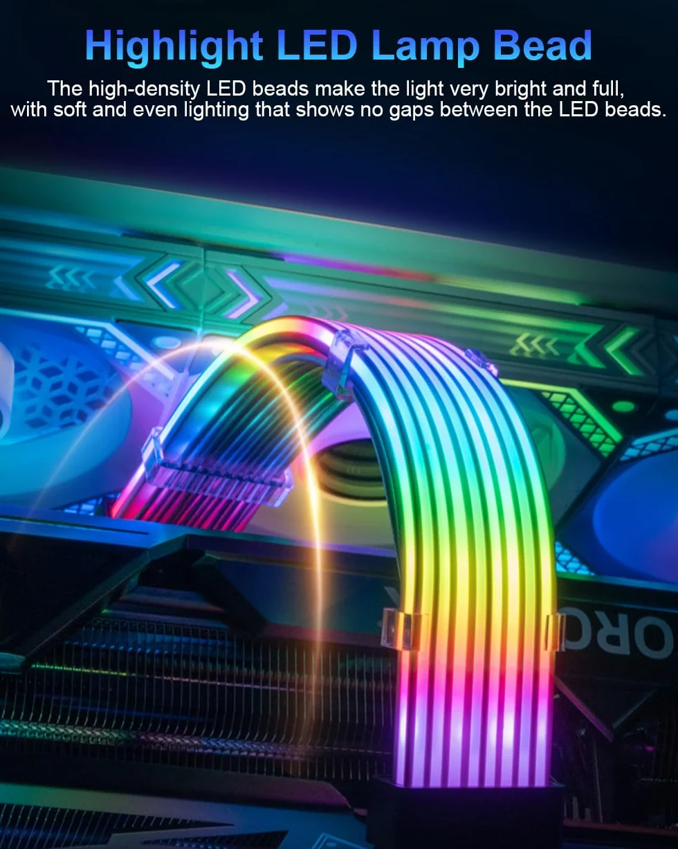 ARGB PSU Cable Cover Kit, Aurora RGB Power Extension Cable Cover Kit for Motherboard and GPU PC Cable, 5V 3-Pin ARGB Motherboard ATX/MATX/ITX, Suitable for 12+4-Pin/8-Pin/24-Pin Aurora-CO-BL