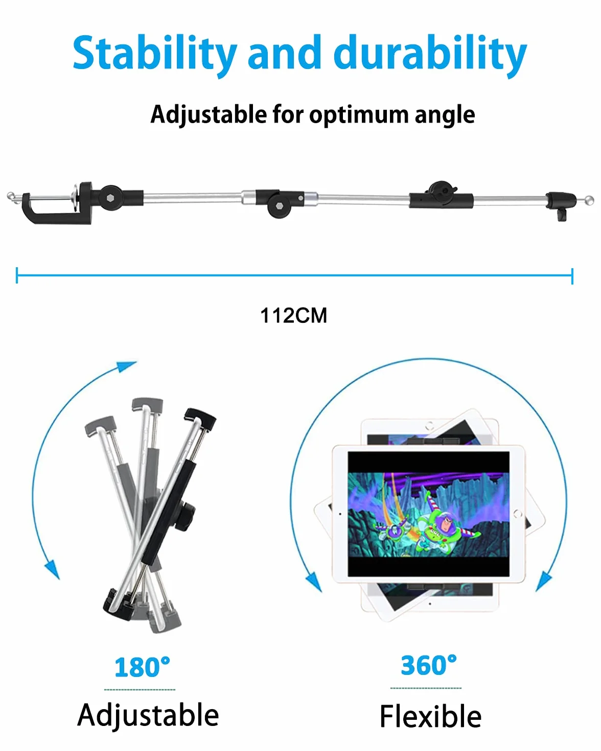 Soporte de Tableta de Brazo Largo Metal, Ajustable para Cama, Escritorio, Cocina, Porta Aluminio Plegable para iPad Pro Air Mini, Galaxy, Switch, iPhone 4-12.9"
