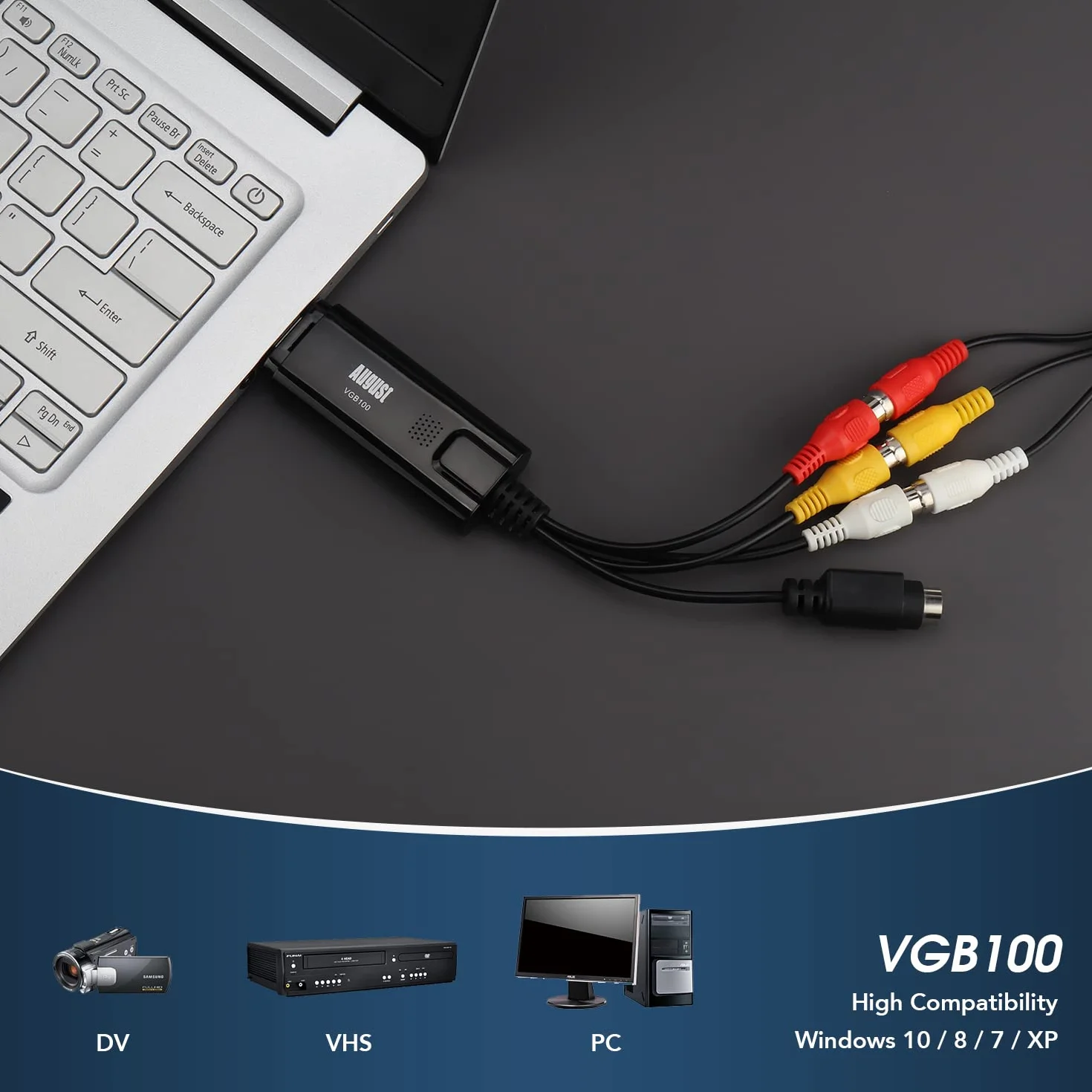 August VGB100 Capturadora de Video y Audio USB 2.0, Transferencia VHS a DVD Digital Convertidor VCR Grabber Grabadora Digitalizadora para Windows 11,10, 8, 7, Vista, XP