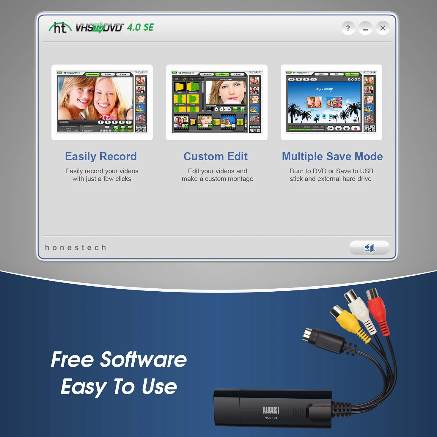 August VGB100 Capturadora de Video y Audio USB 2.0, Transferencia VHS a DVD Digital Convertidor VCR Grabber Grabadora Digitalizadora para Windows 11,10, 8, 7, Vista, XP