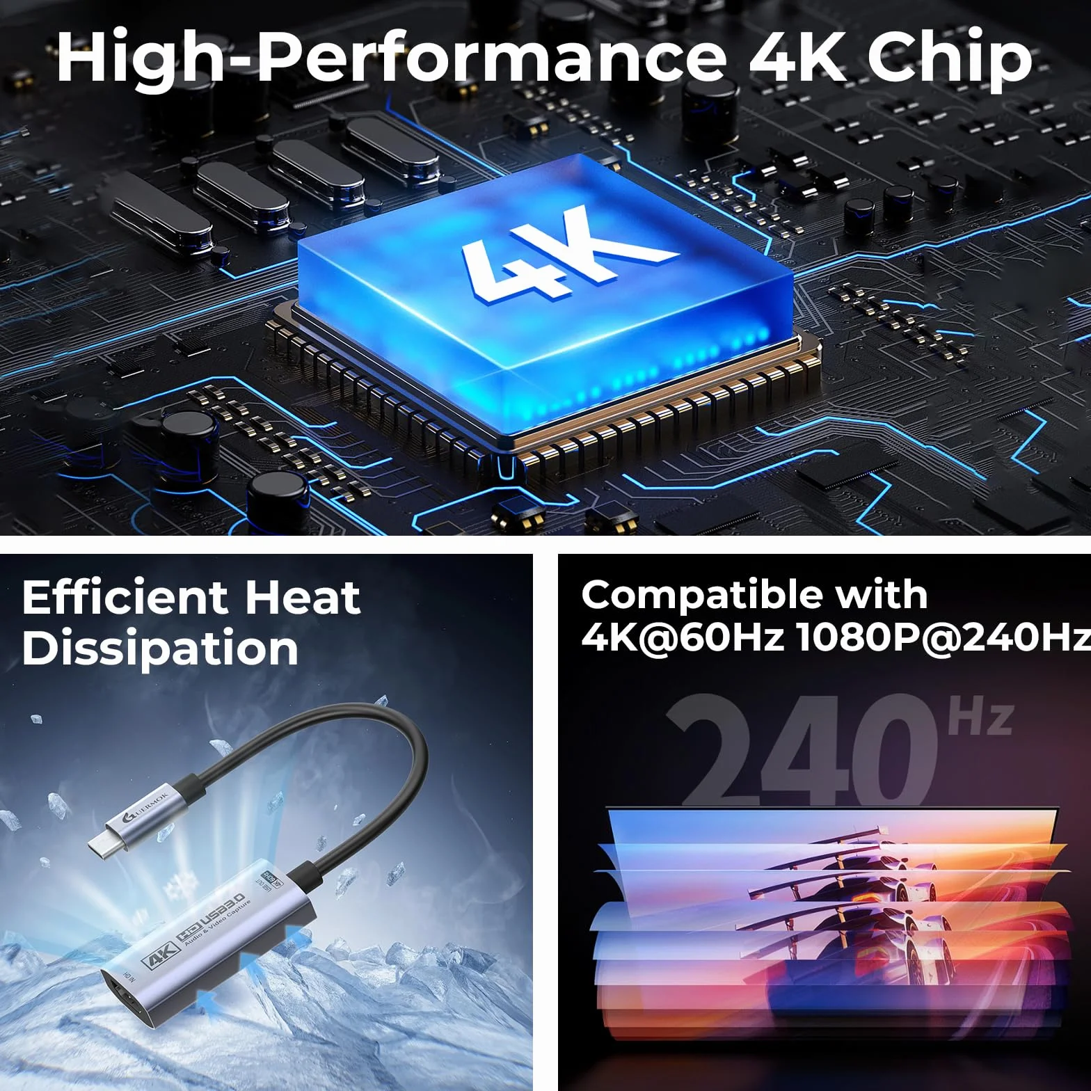 Guermok Tarjeta de Captura HDMI 4K@60FPS, 1080P@240FPS USB 3.0 HDMI a USB A/C para Streaming, Compatible con Pad, Switch 2/1, PS, Quest 3, Mac OS, Windows, Zoom, OBS, Cámara