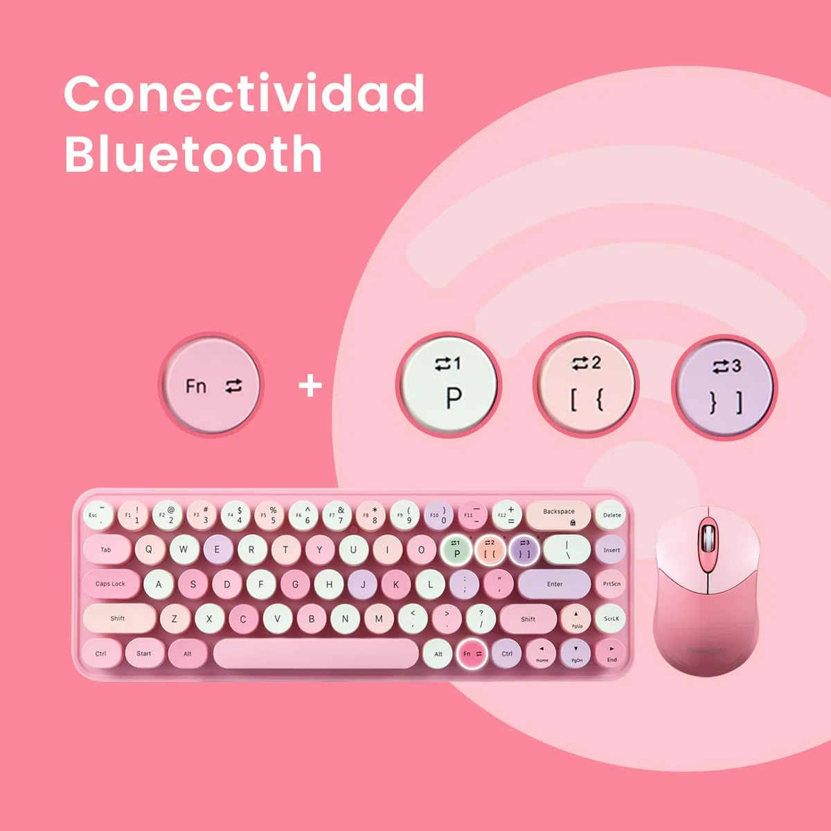 Perixx PERIDUO-802PK ES Set de Ratón y Teclado Inalámbrico Bluetooth Mini - Estilo Retro con Teclas Redondas - Rosa Pastel - Español QWERTY