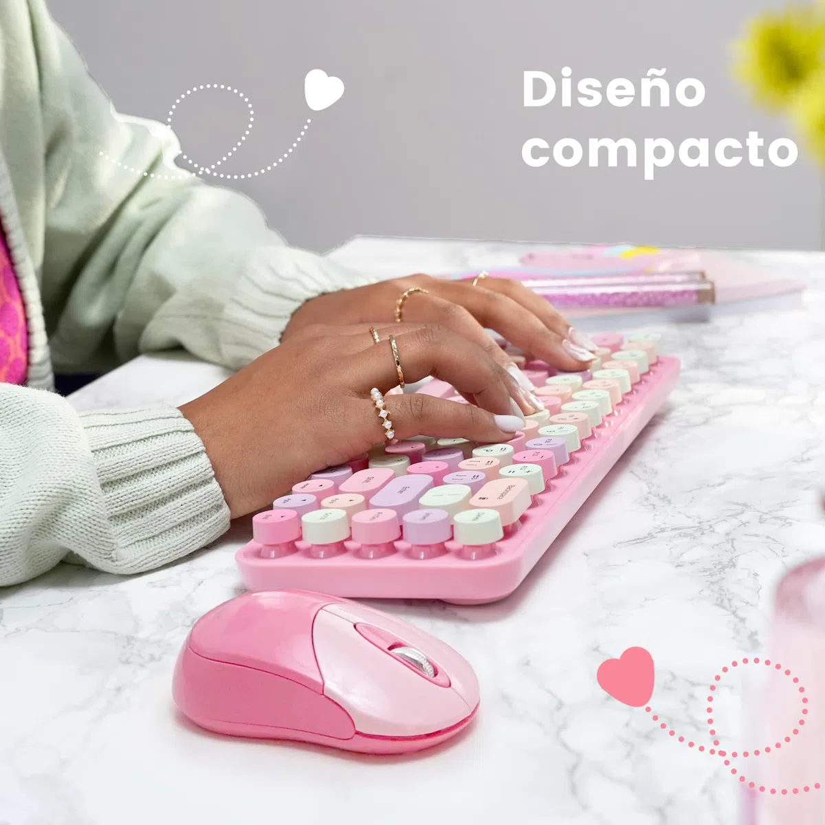 Perixx PERIDUO-802PK ES Set de Ratón y Teclado Inalámbrico Bluetooth Mini - Estilo Retro con Teclas Redondas - Rosa Pastel - Español QWERTY