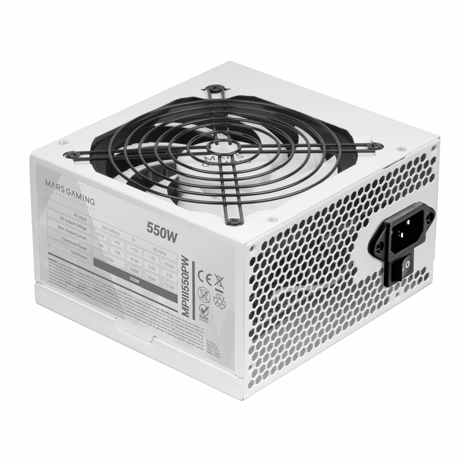 Mars Gaming MPIII550P, Fuente Alimentación ATX 550W, 5 Años de Garantía, 85% Eficiencia, Sistema Digital APFC, Ventilador FDB 120mm AI-RPM, Tecnologías DC-DC y SMD, Cables Planos Extralargos, Blanco